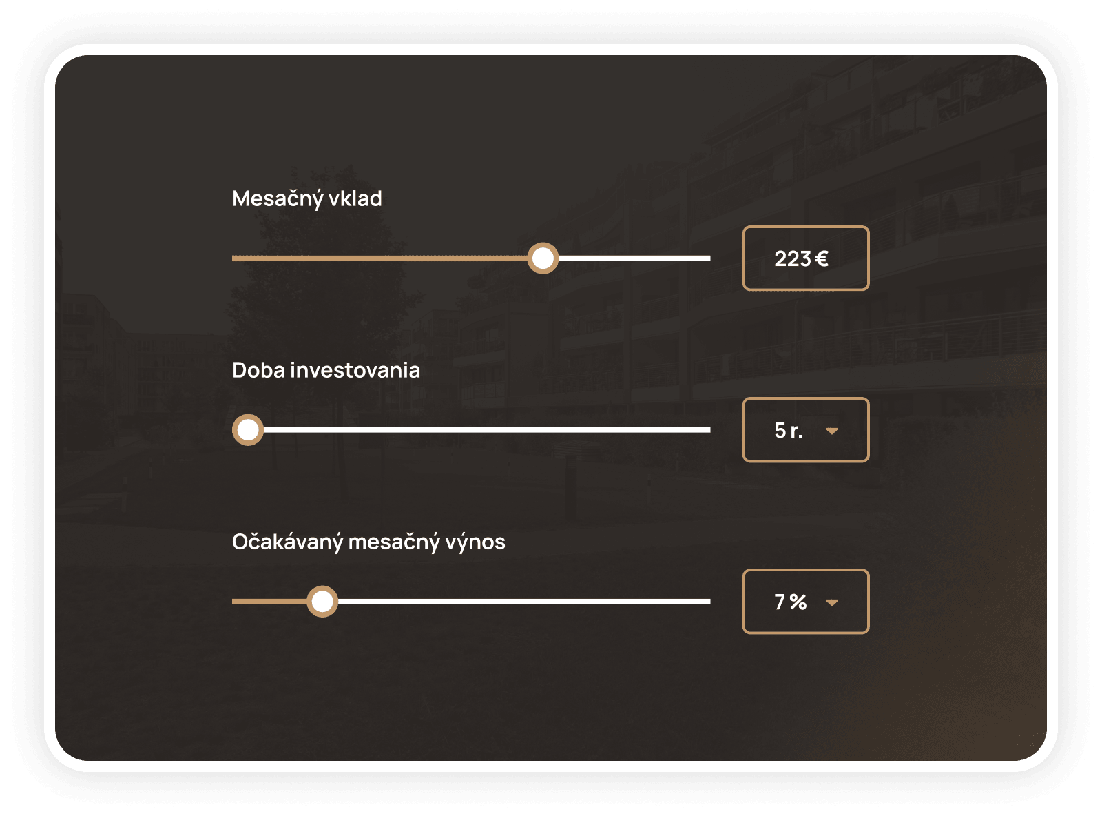 Investičná kalkulačka Winners Investments s posuvníkmi pre mesačný vklad, dobu investovania a očakávaný výnos