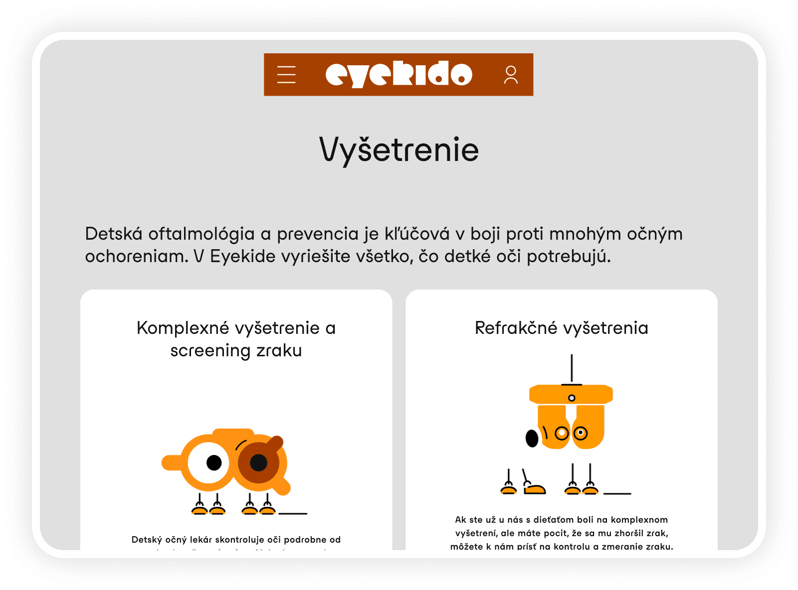 Eyekido eye examination page with playful illustrations of comprehensive screening and refractive exams