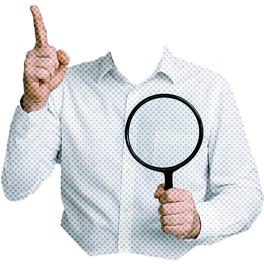 Cut-out photo of a medical professional holding a magnifying glass and raising a finger — symbolising diagnostic and discovery work in nuclear medicine