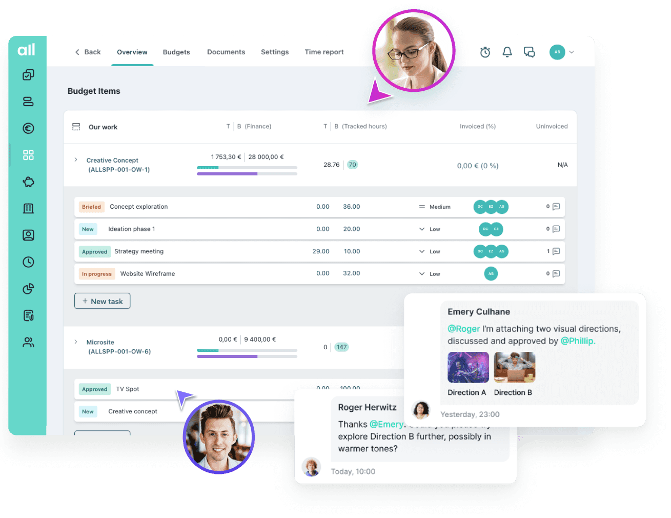 Allfred project overview with tracked hours, invoicing, and team collaboration