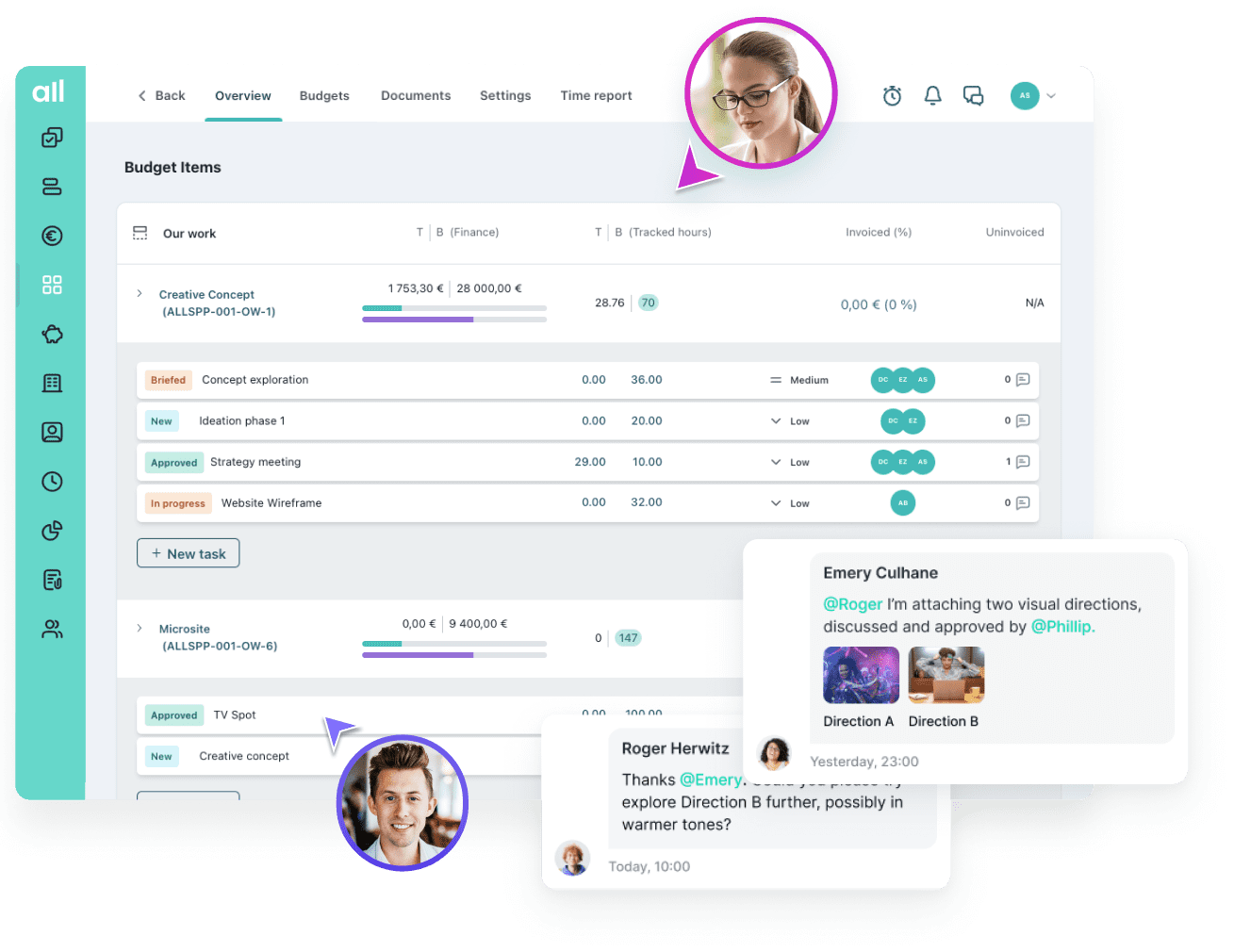 Allfred project overview with tracked hours, invoicing, and team collaboration