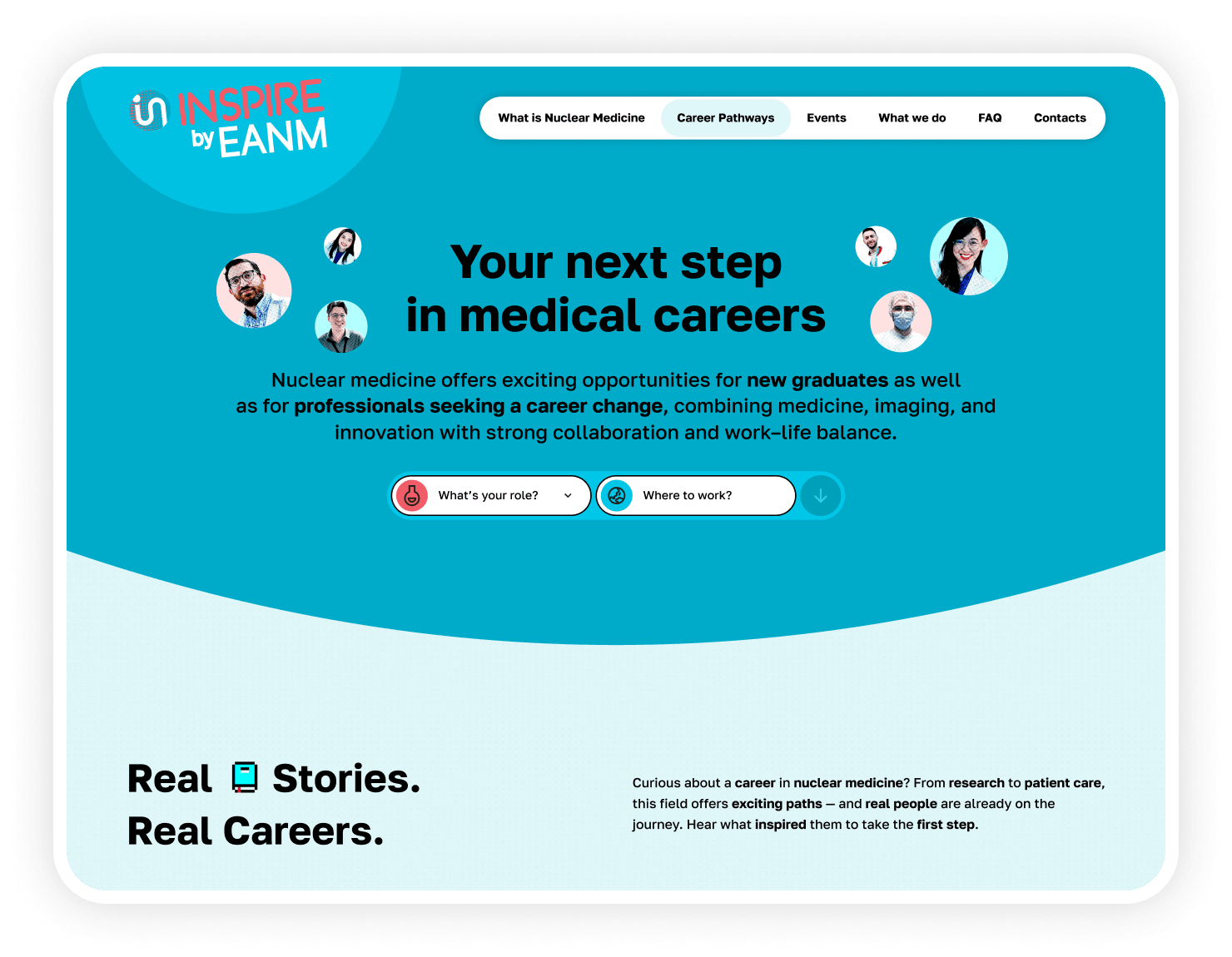 "Real Stories. Real Careers." section featuring testimonial portraits and a career-pathway prompt — "Your next step in medical careers"