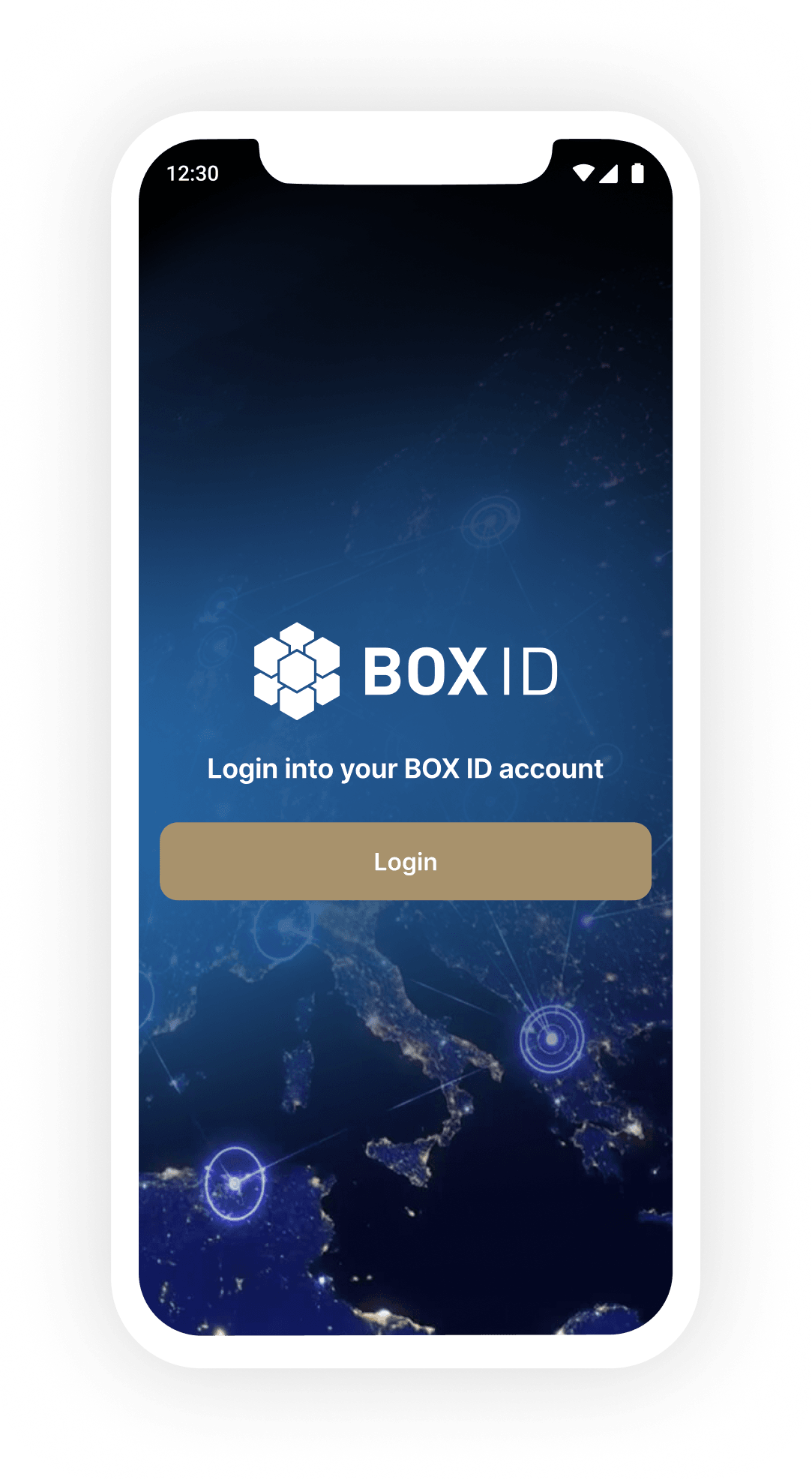 BOX ID mobile app login screen with world map background