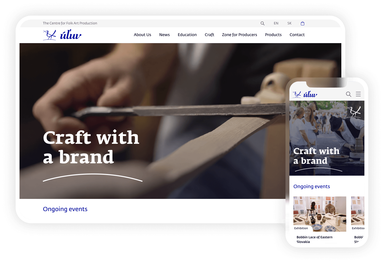 ÚĽUV website homepage on desktop and mobile, with the “Craft with a brand” hero and ongoing events