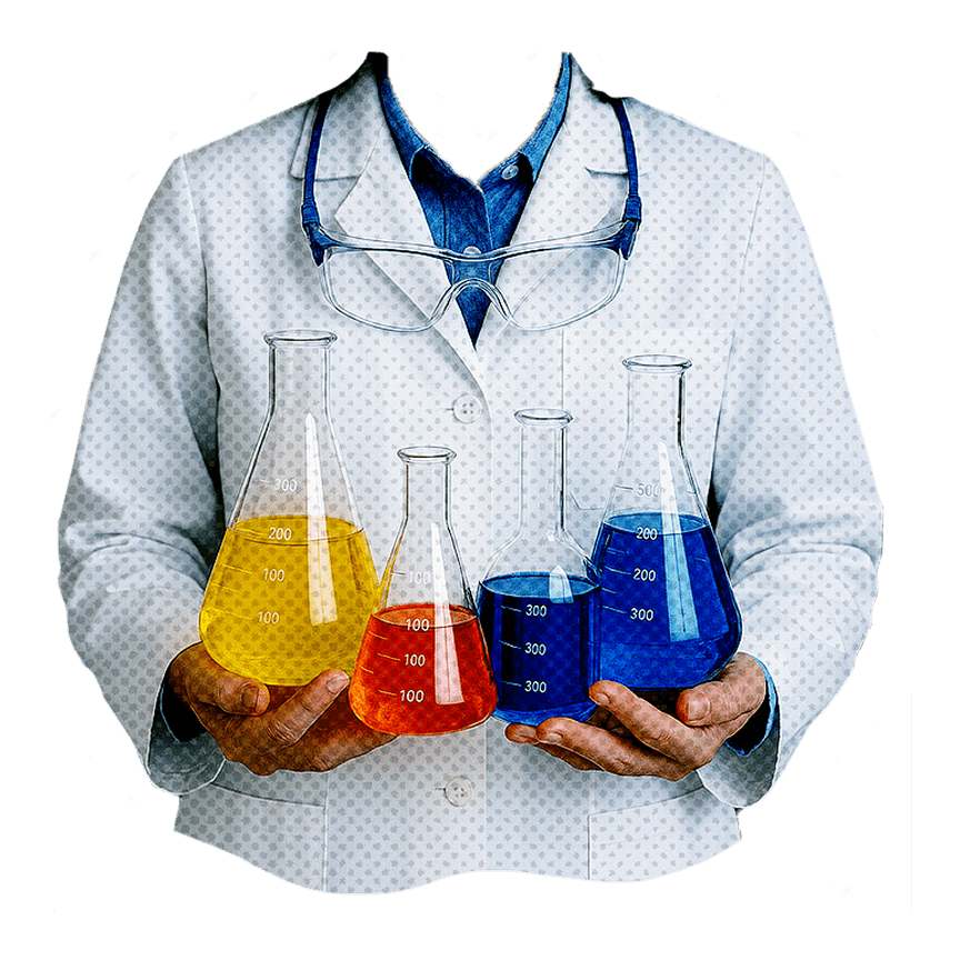 Cut-out photo of a scientist in a white coat holding colourful laboratory flasks — symbolising radiopharmacy and research careers