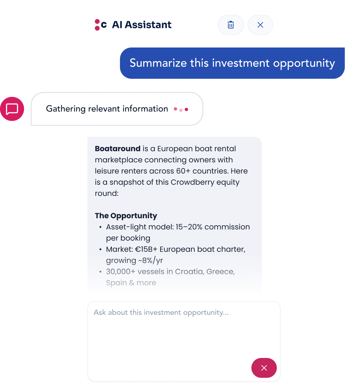 Crowdberry AI Assistant chat summarising the Boataround investment opportunity