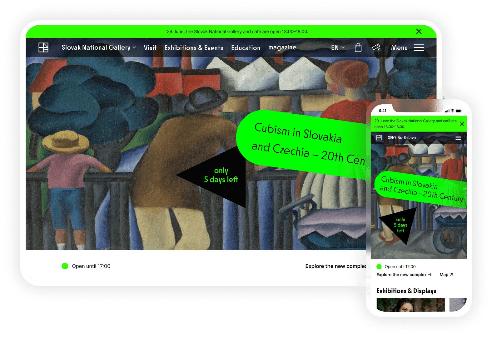 sng.sk homepage on desktop and mobile, with a site-wide notice, the "Open until 17:00" status and a current exhibition
