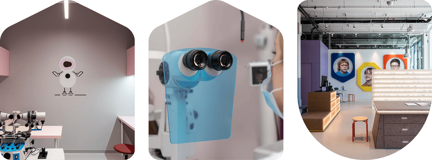 Eyekido centre interior — a playful wall mural, a children's eye examination device and the colourful waiting area