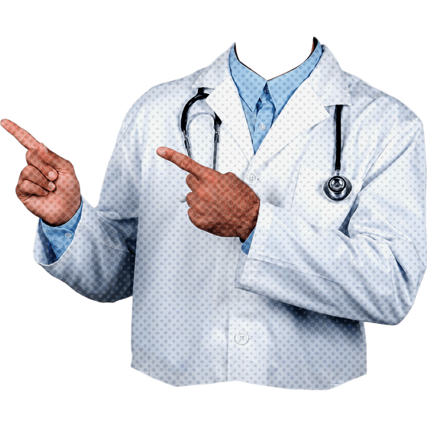 Cut-out photo of a physician in a white coat with a stethoscope, pointing in two directions — representing the choice of a career path in nuclear medicine