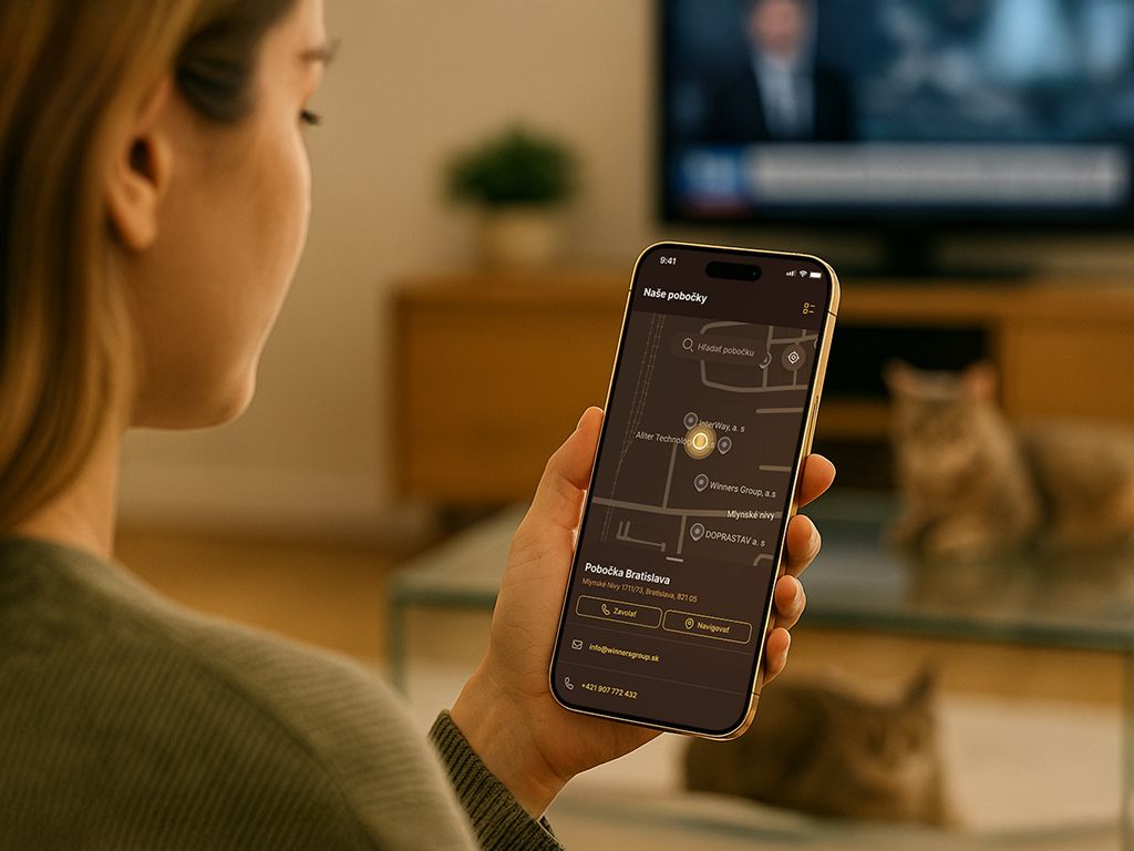 Woman at home using the iWinners branch locator on her phone