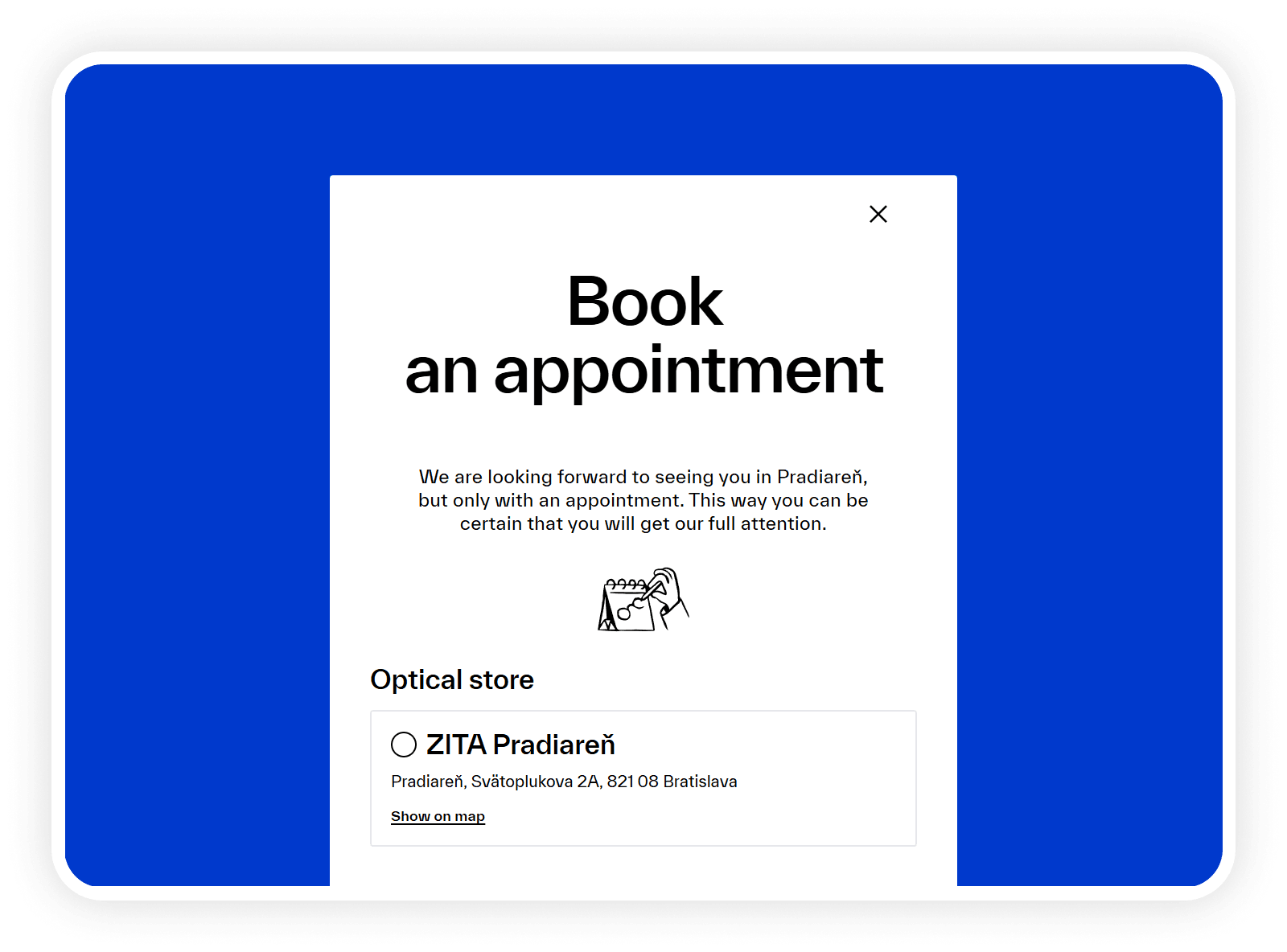 ZITA booking calendar for eye exams and fittings