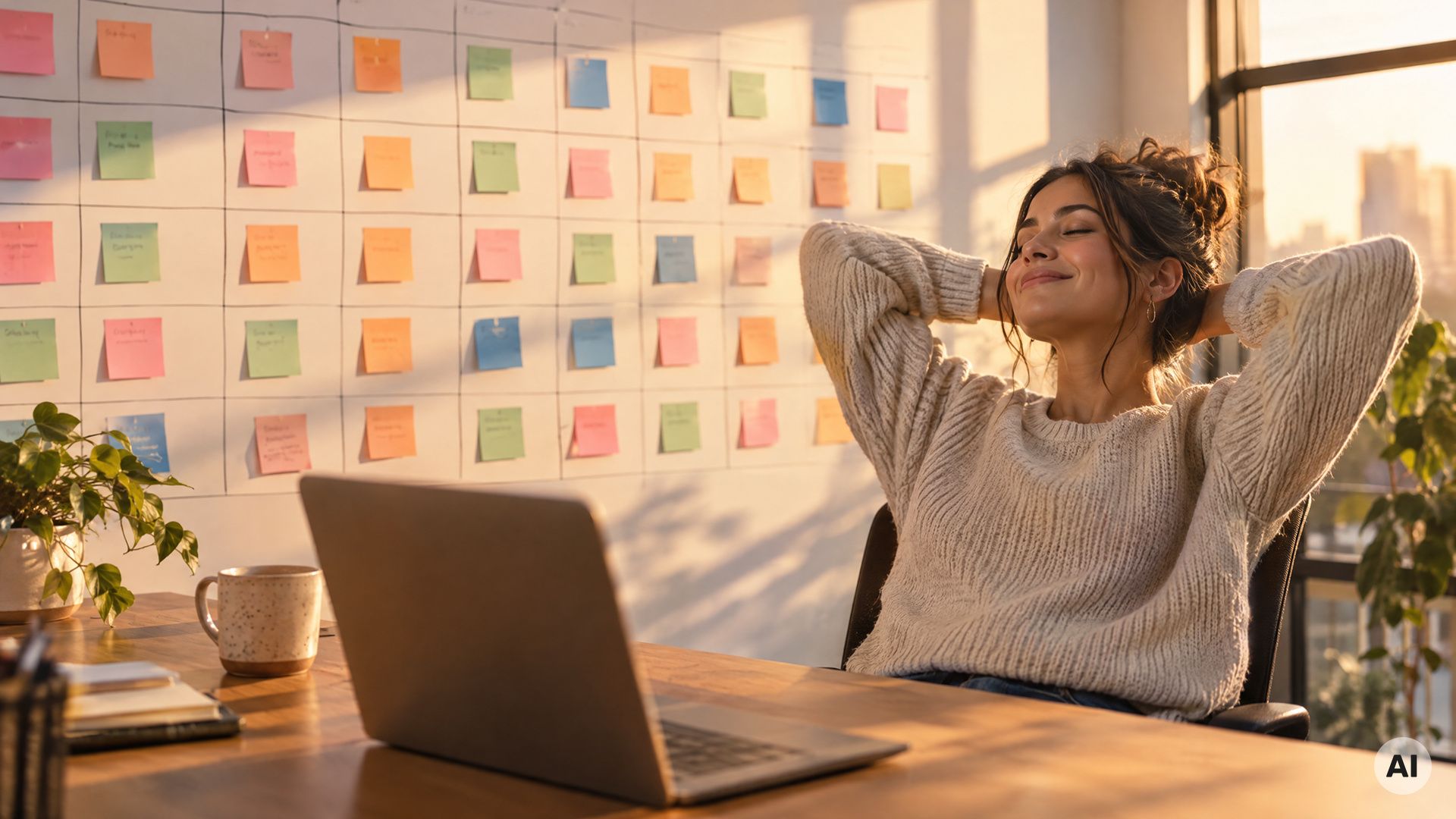 Woman leaning back with her hands behind her head in a sunlit office, in front of a wall calendar full of colourful sticky notes. Image generated with AI.