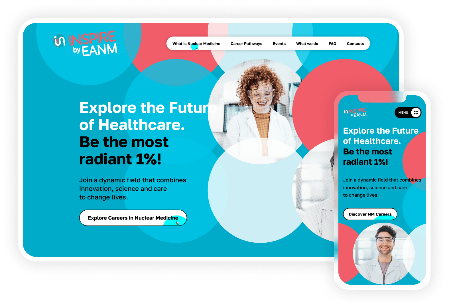 Inspire by EANM website shown on desktop and mobile — hero screen "Explore the Future of Healthcare. Be the most radiant 1%!" inviting young professionals to careers in nuclear medicine