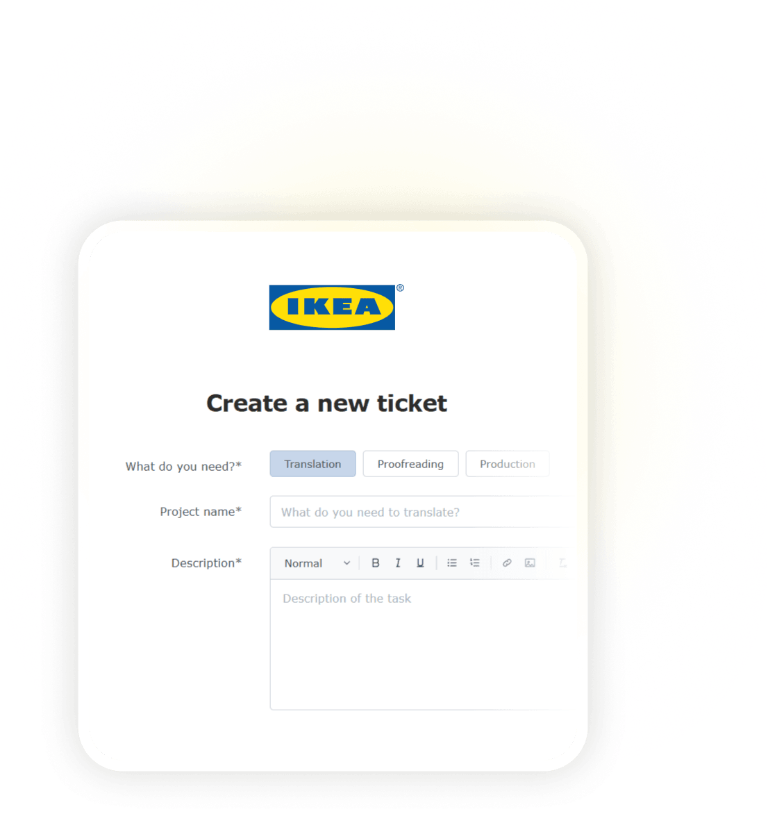 IKEA ticket creation form with translation, proofreading, and production task type tabs