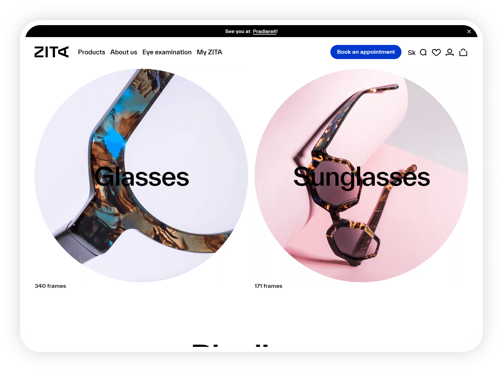 ZITA storefront and curated frames detail