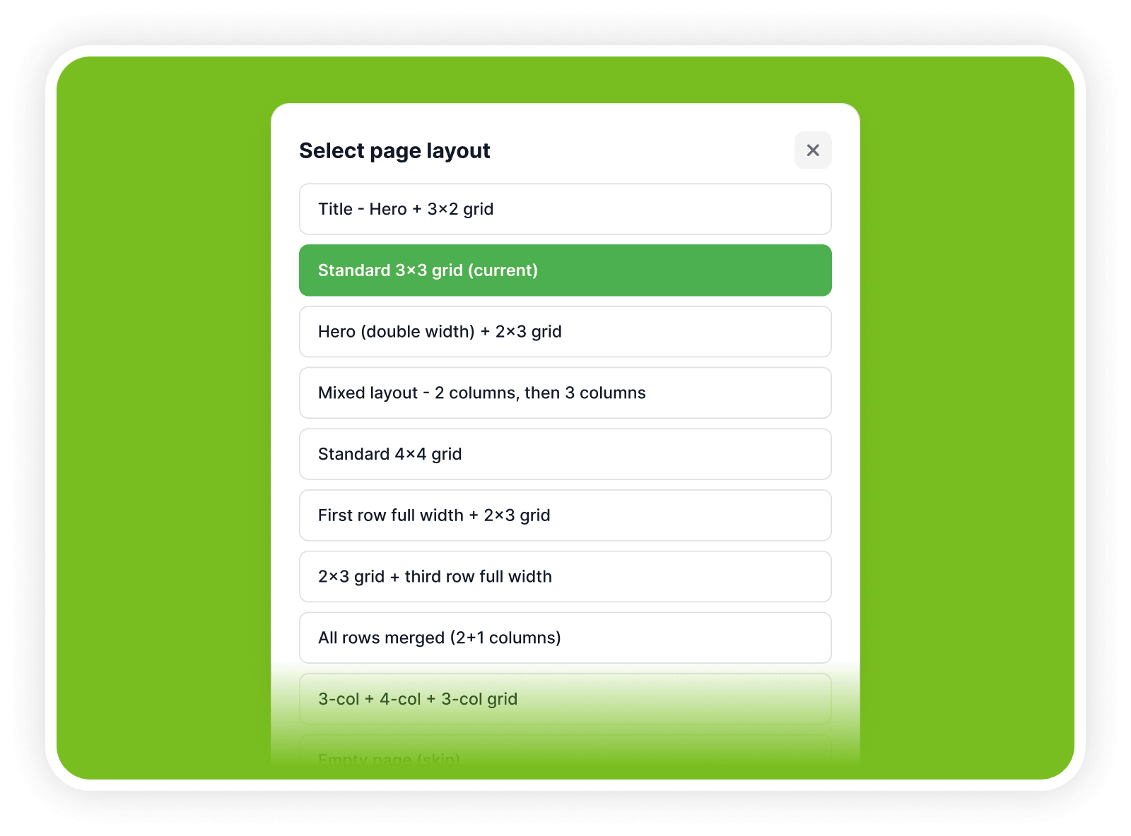 Page layout picker with preset grid templates for composing a leaflet page