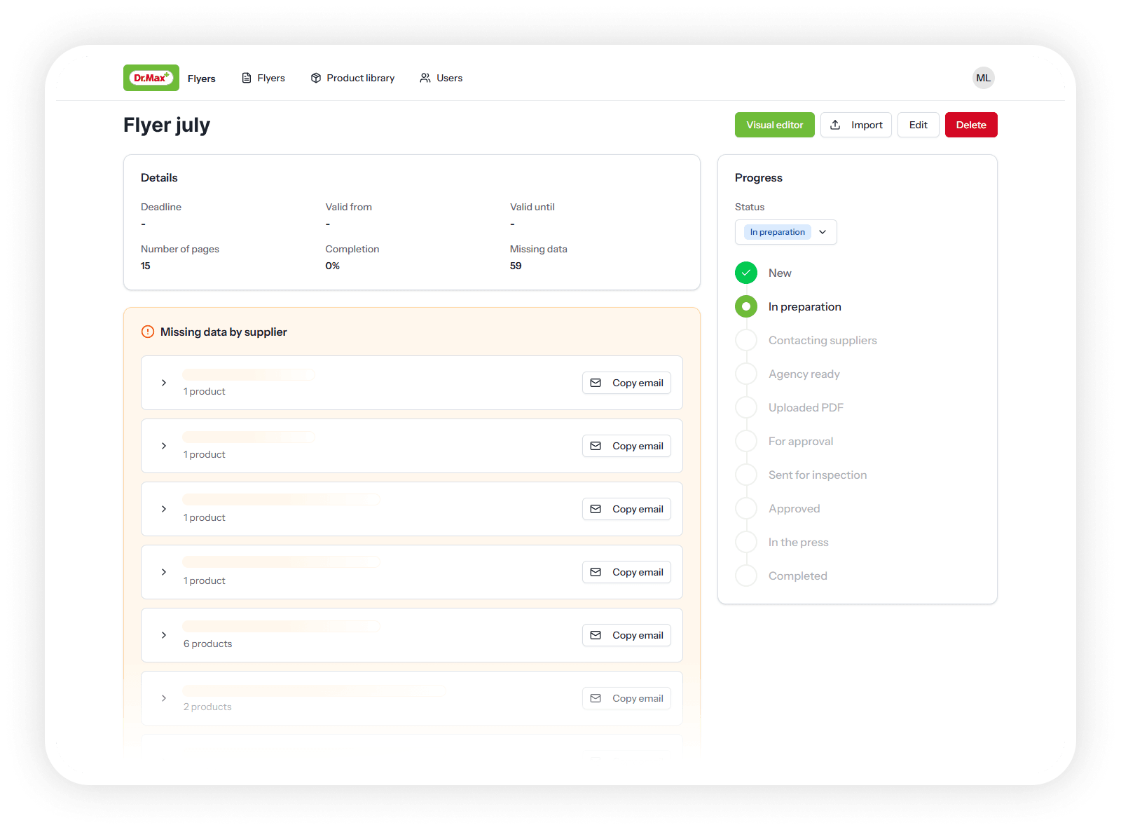 Dr. Max leaflet management dashboard showing flyer progress workflow, missing-data alerts and one-click supplier emails
