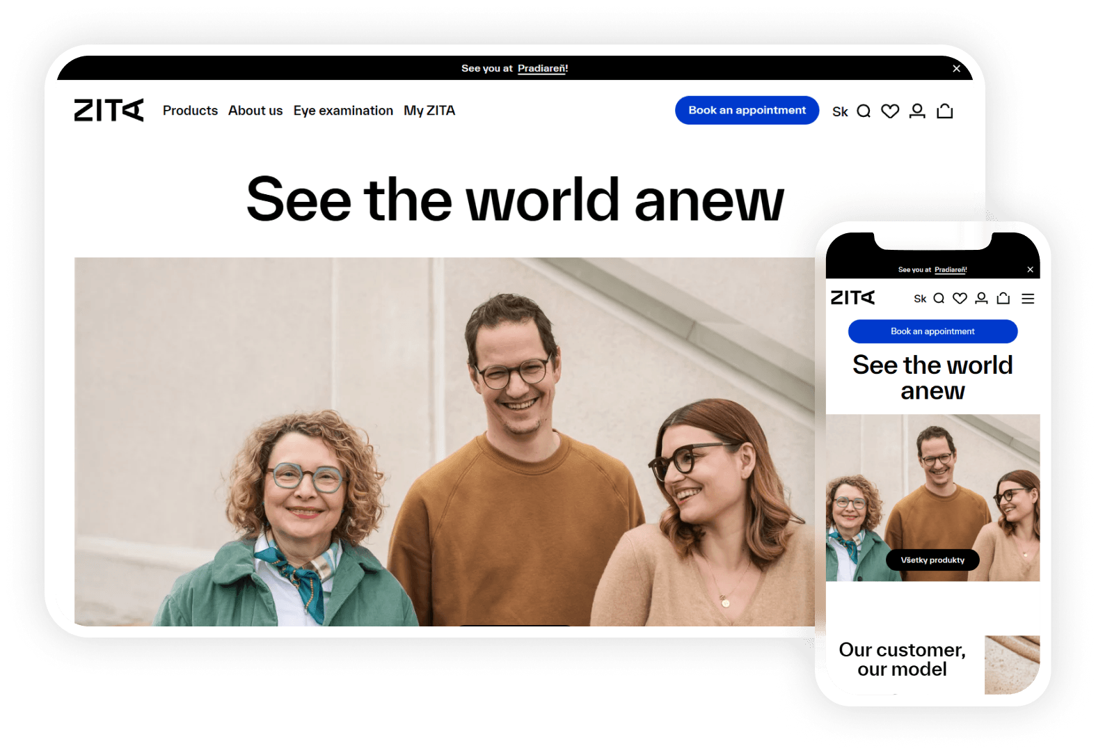 ZITA e-commerce homepage with curated premium eyewear