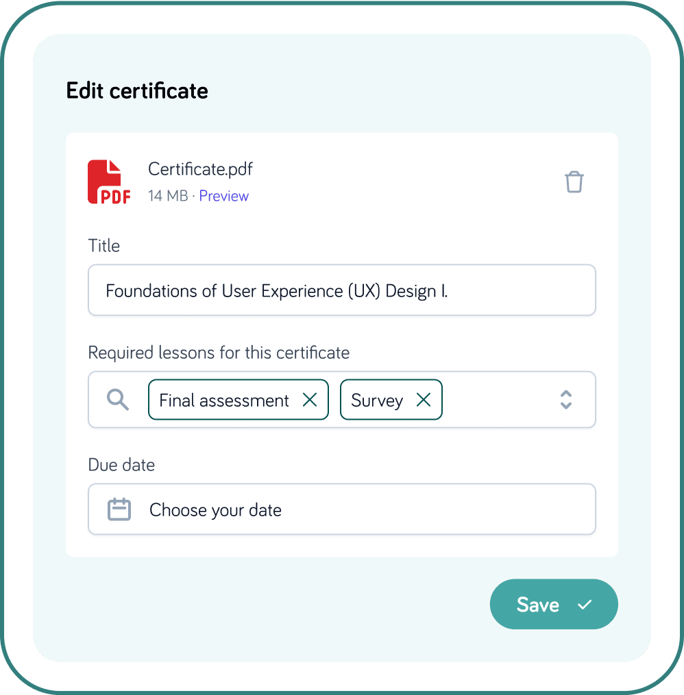 LMS certificate editor with file upload and lesson requirements