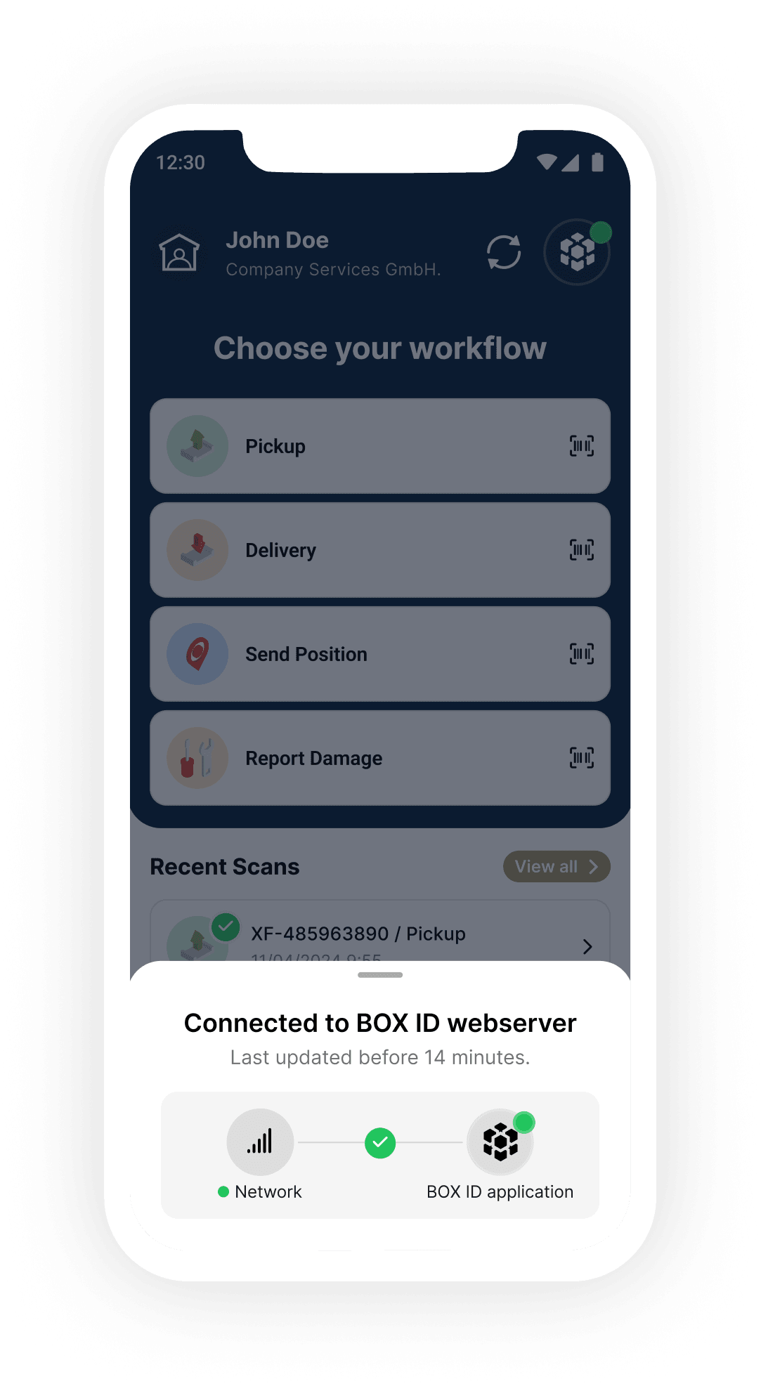 BOX ID mobile app workflow selection with pickup, delivery, send position and report damage actions