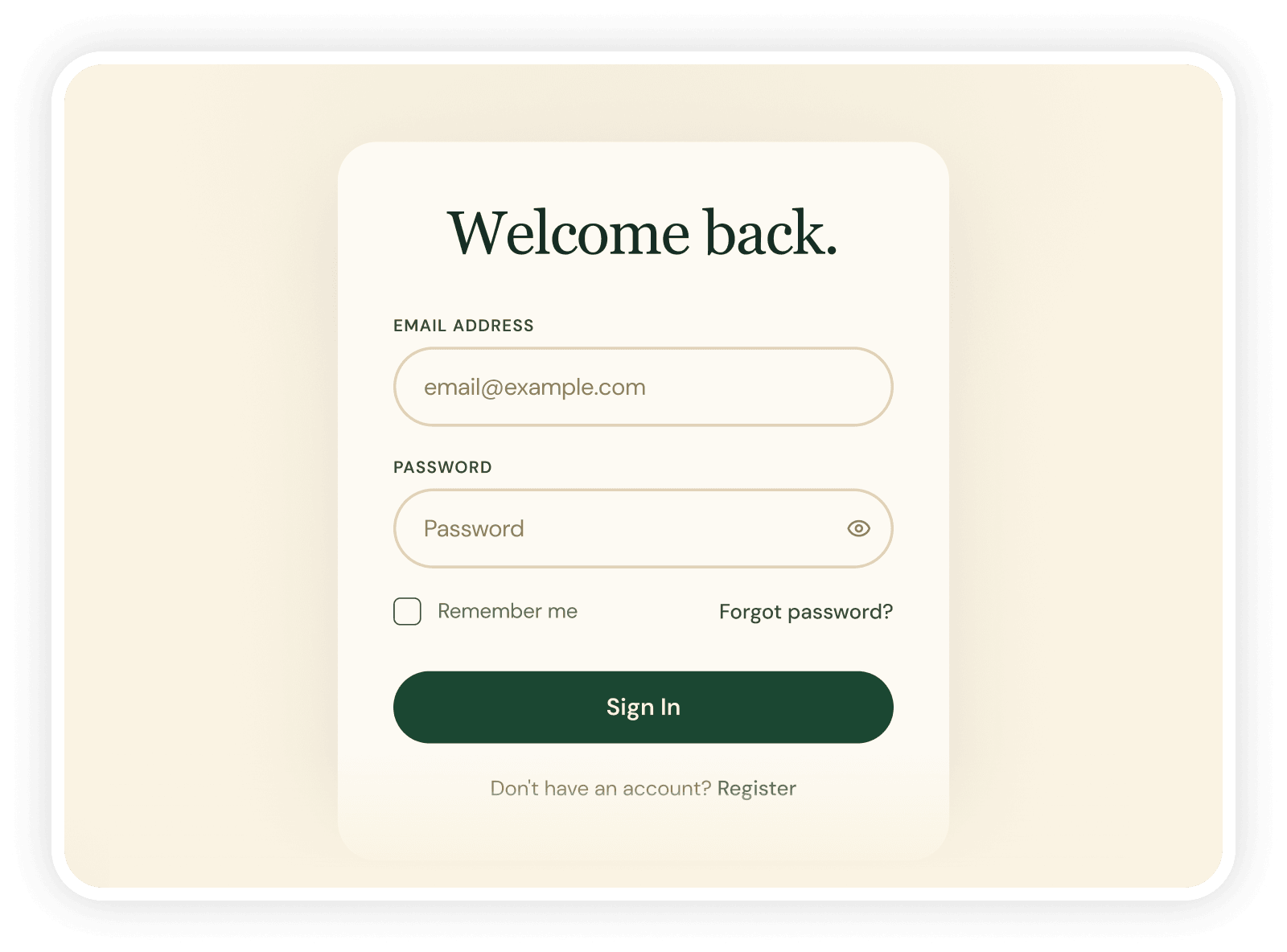 Sign-in screen with a Welcome back heading, email and password fields, a remember-me option and a Sign In button
