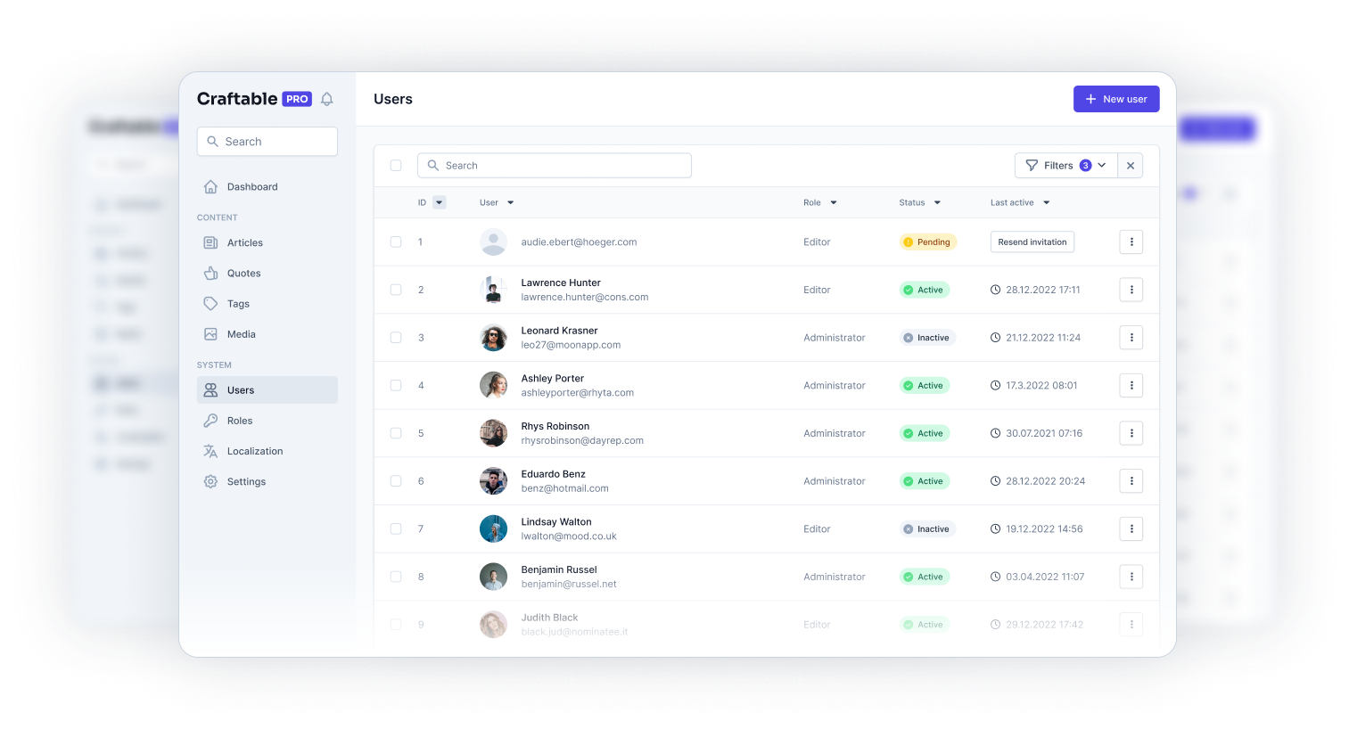 CraftablePRO admin panel showing users management page with data table