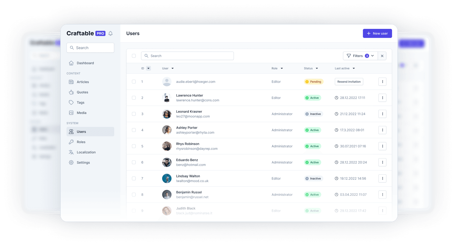 CraftablePRO admin panel showing users management page with data table