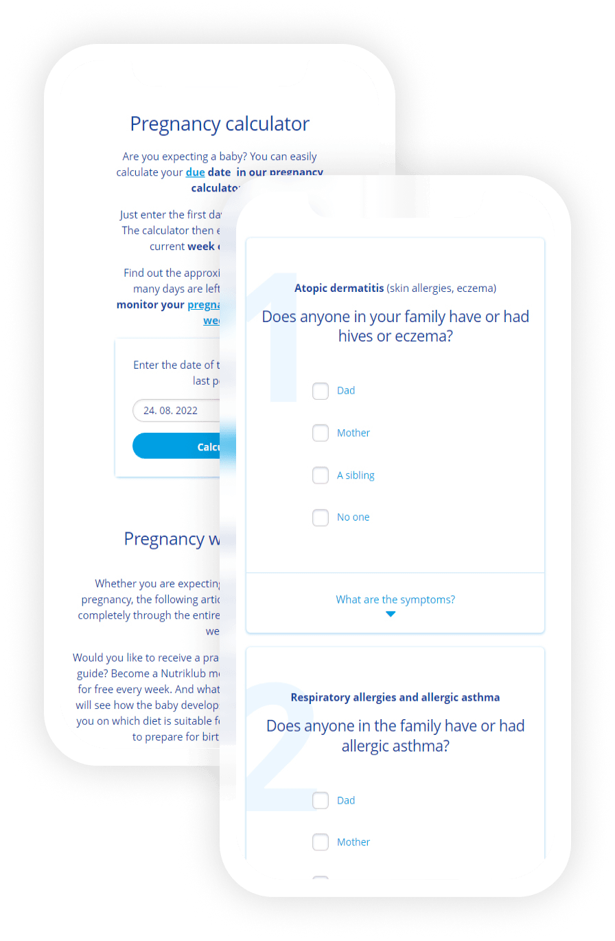Nutriklub mobile app showing pregnancy calculator and allergy questionnaire