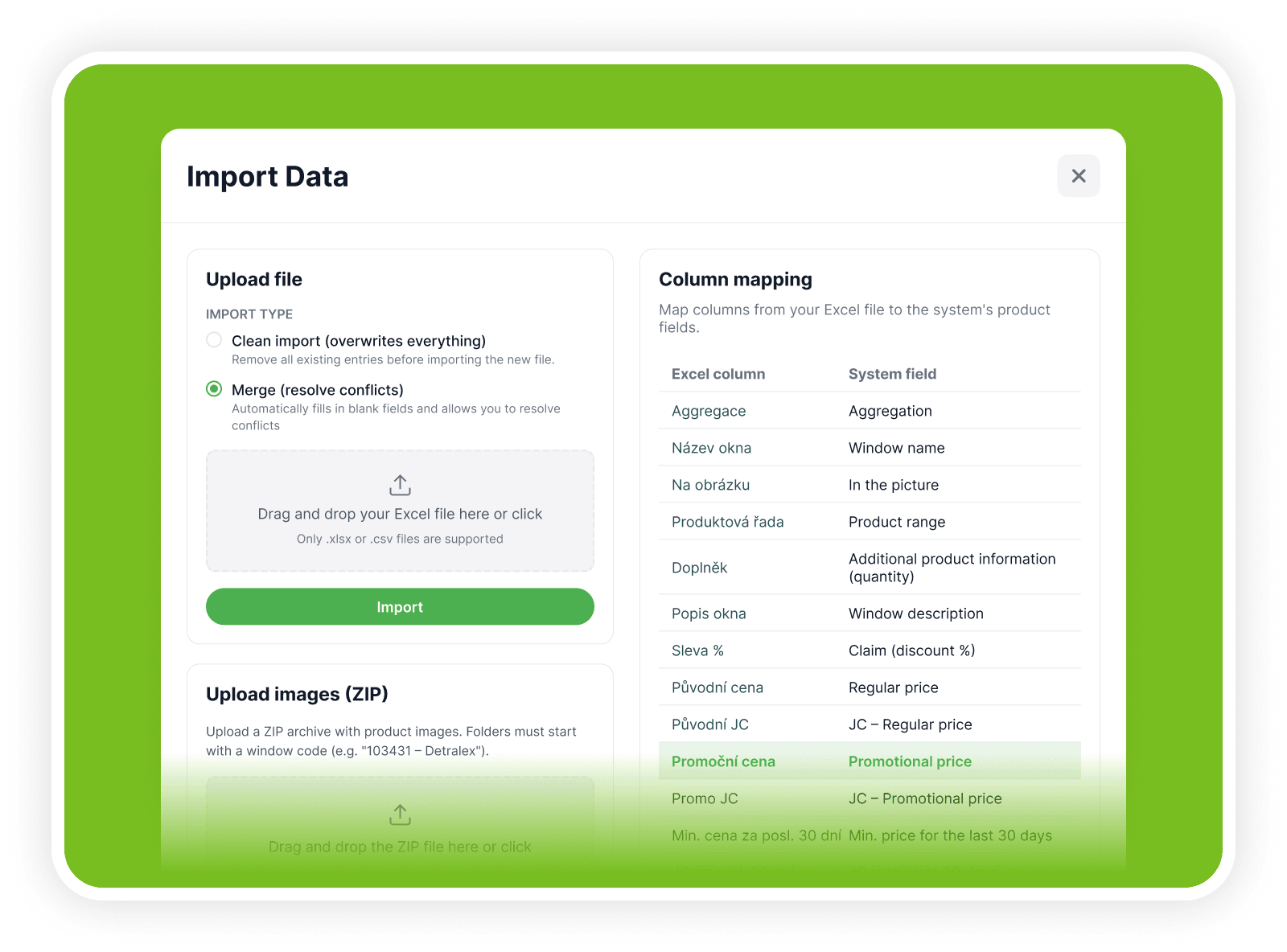 Excel import dialog mapping supplier columns to product fields with merge-conflict resolution and bulk image upload