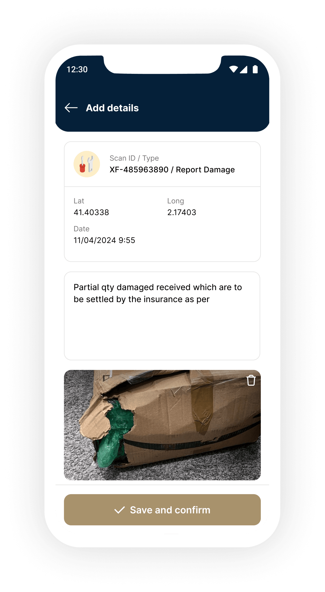 BOX ID mobile app damage report screen with scan ID, GPS coordinates, timestamp and photo of damaged package