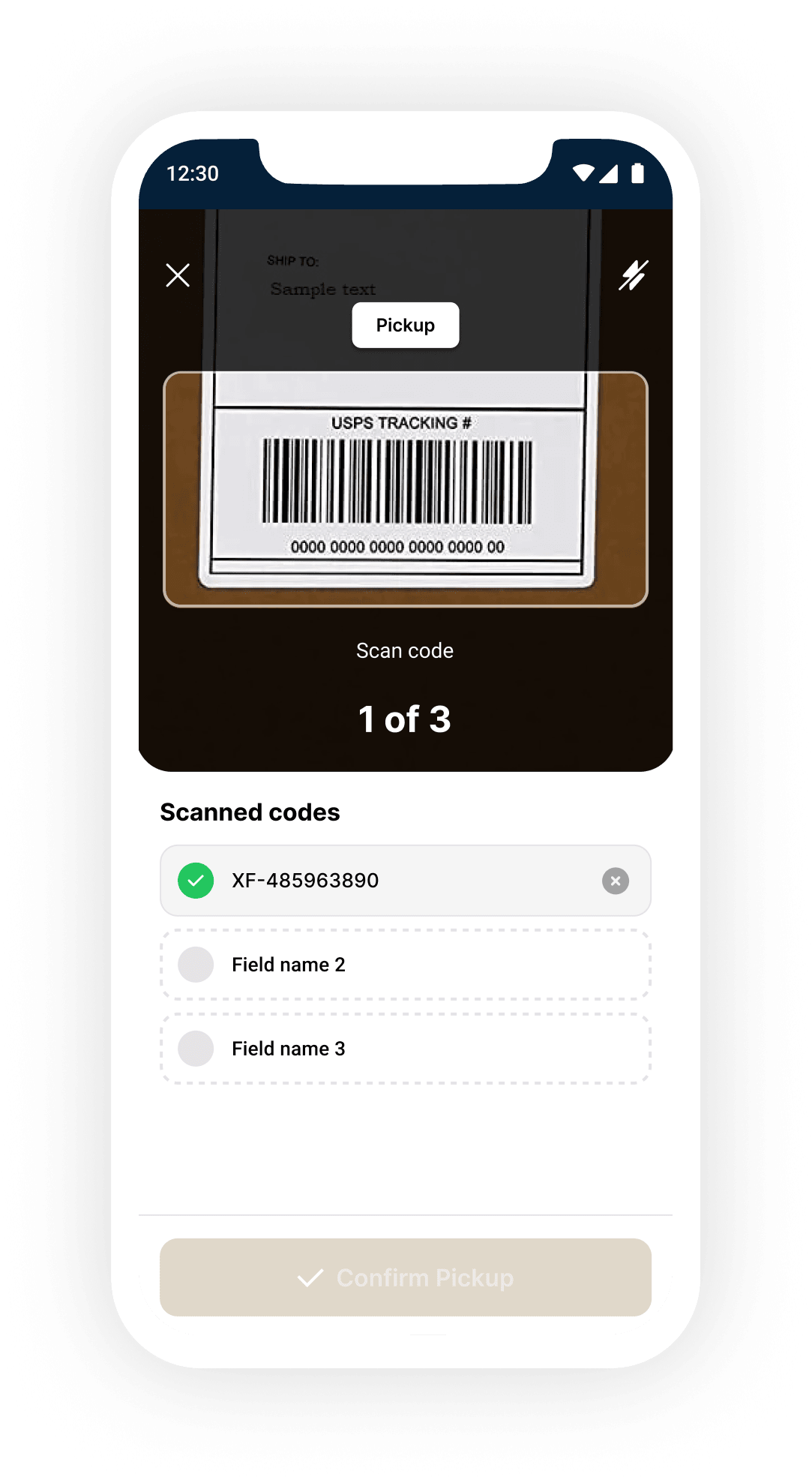 BOX ID mobile app scanning a USPS tracking barcode during a pickup workflow