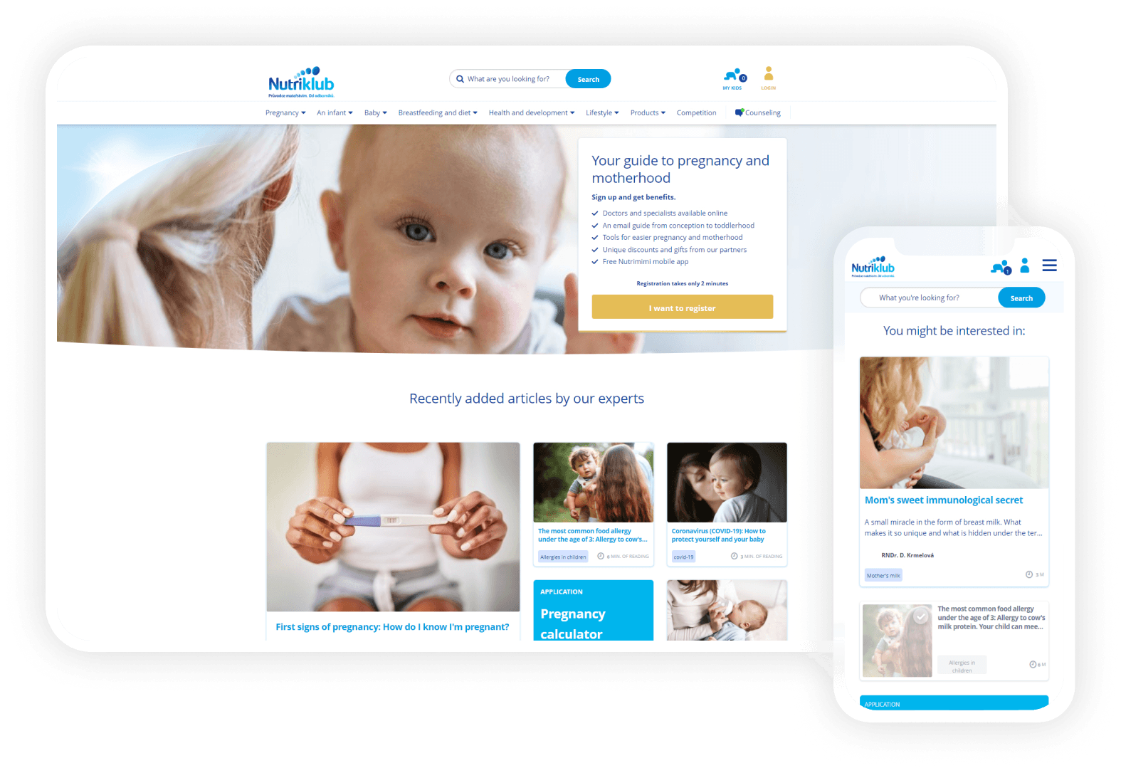 Nutriklub portal on desktop and mobile showing pregnancy and motherhood articles
