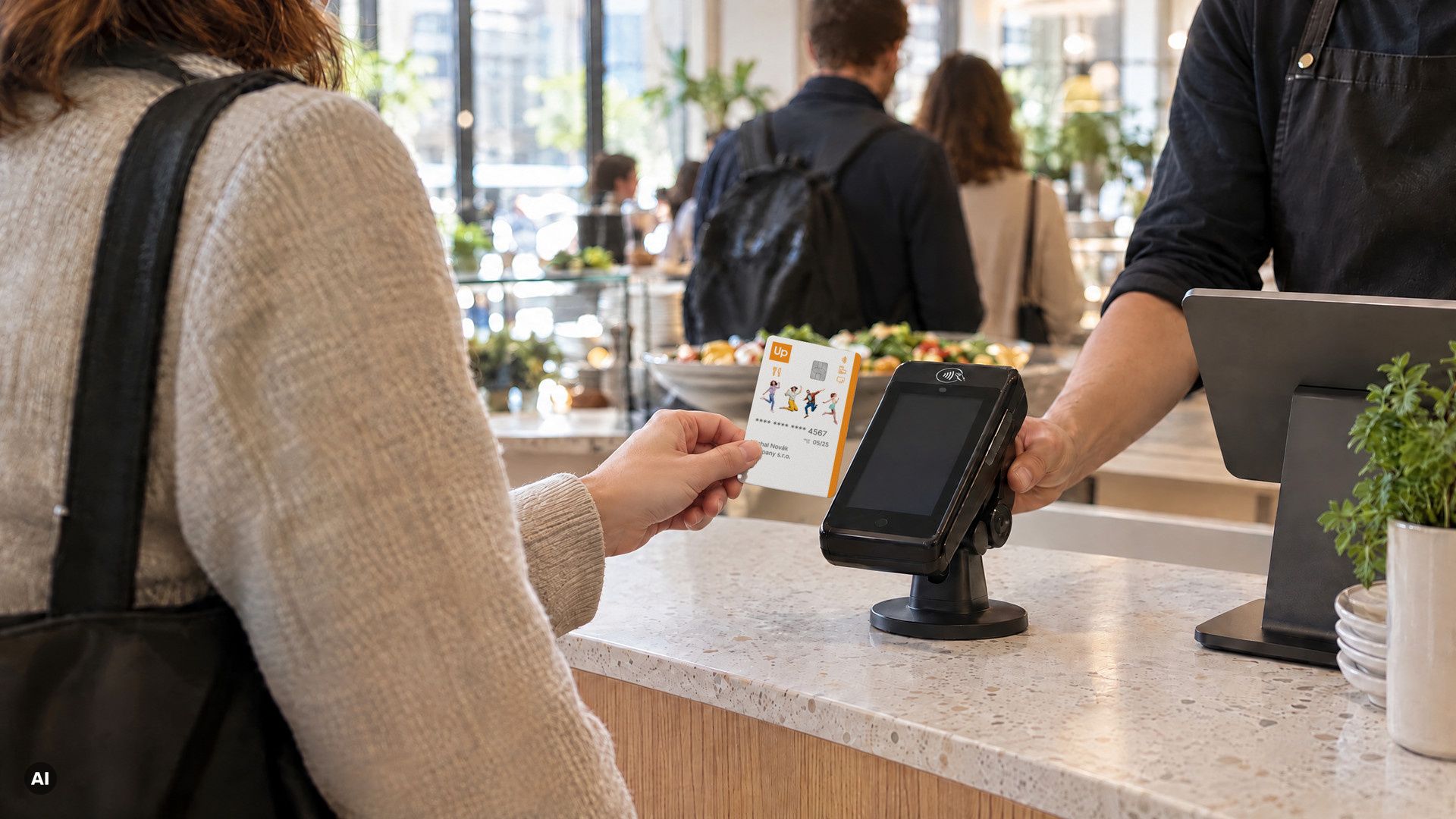 A customer taps an Up meal card on a payment terminal at a bright bistro counter during lunch. Image generated with AI.
