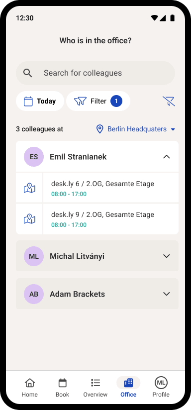 desk.ly mobile app dashboard with upcoming workspace reservations