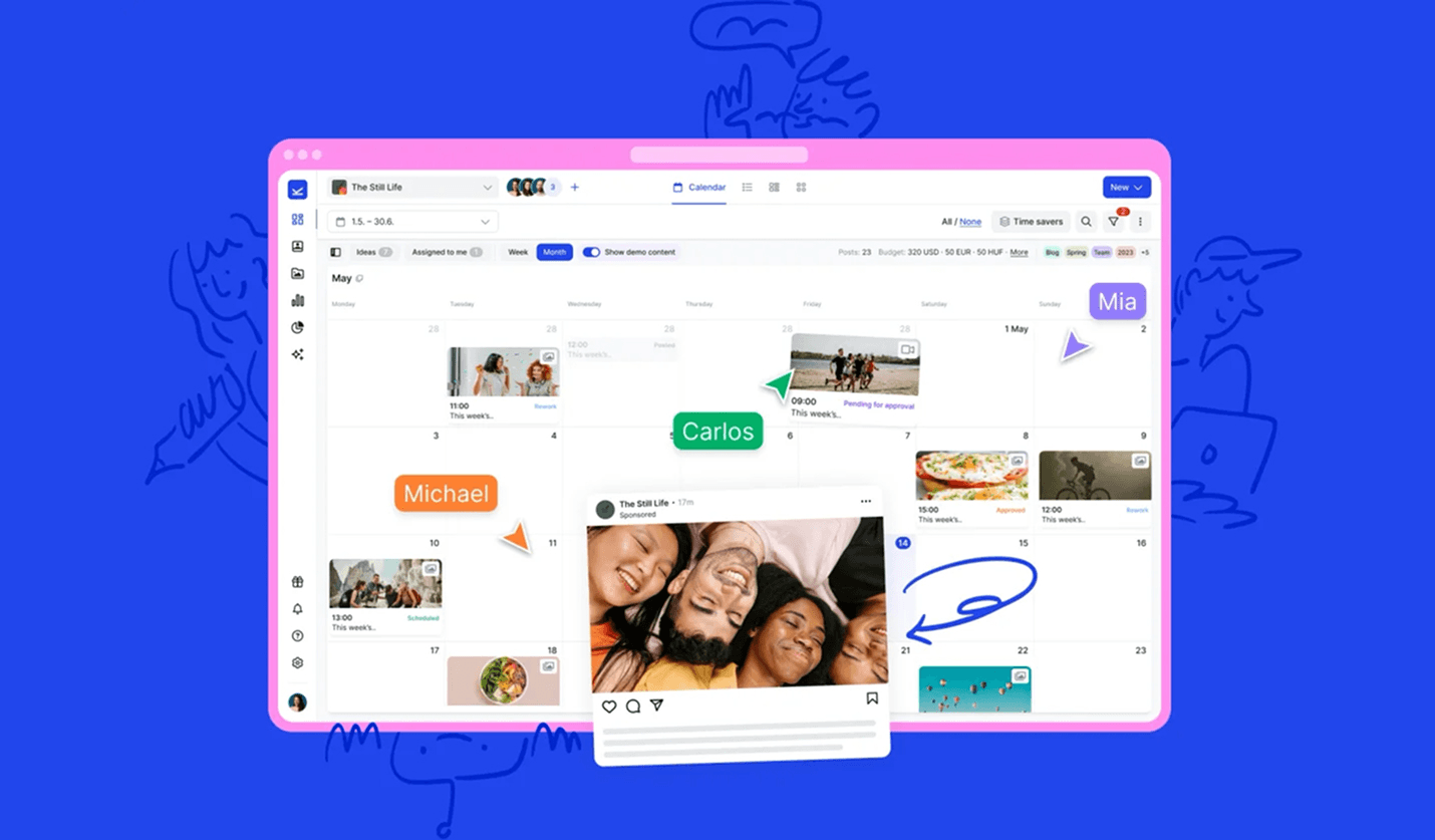 Kontentino monthly content calendar with scheduled, approved and pending posts, a social post preview and team members collaborating