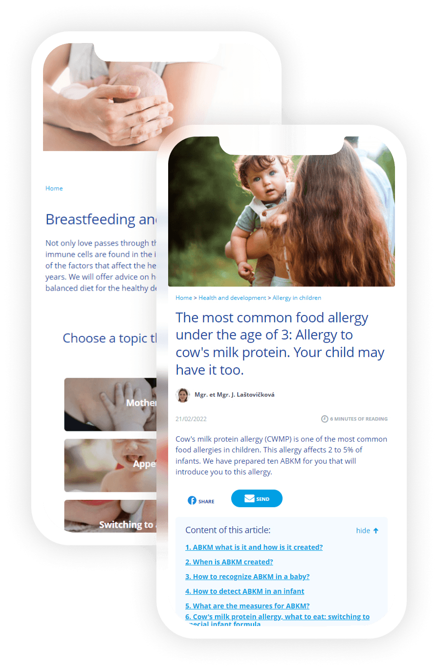 Nutriklub mobile app displaying breastfeeding and food allergy articles