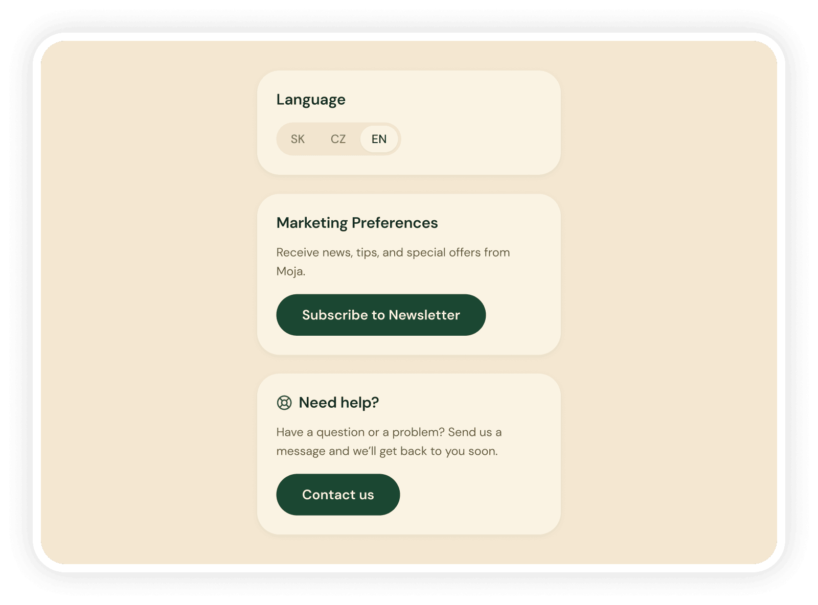 Account settings with an SK/CZ/EN language switcher, a newsletter subscription under marketing preferences and a help card with a contact button