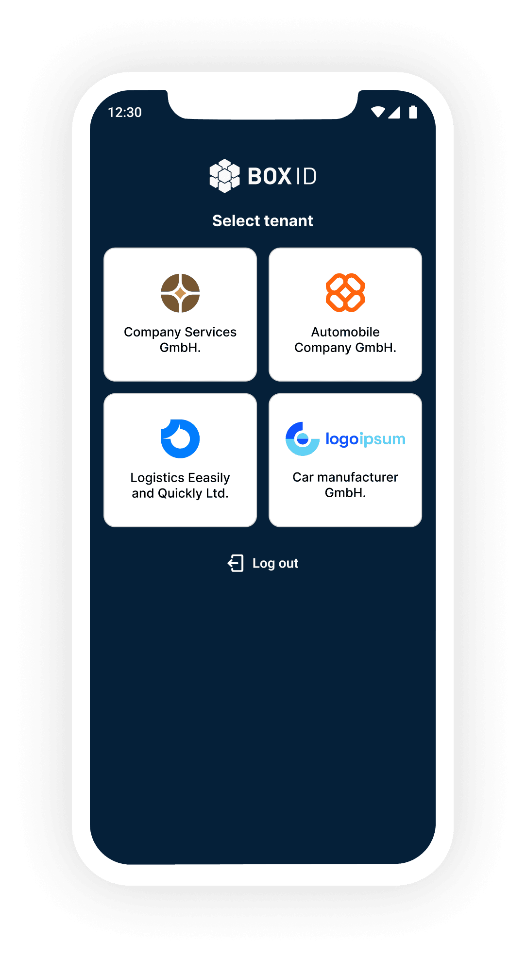 BOX ID mobile app tenant selection screen for choosing the active company account