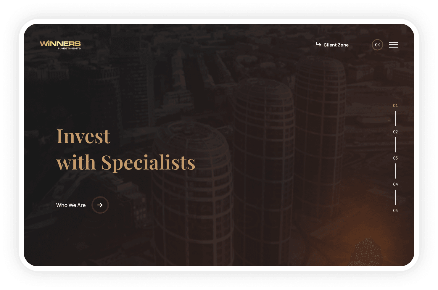 Winners Investments homepage hero with the headline “Invest with Specialists” over a dark aerial view of city towers