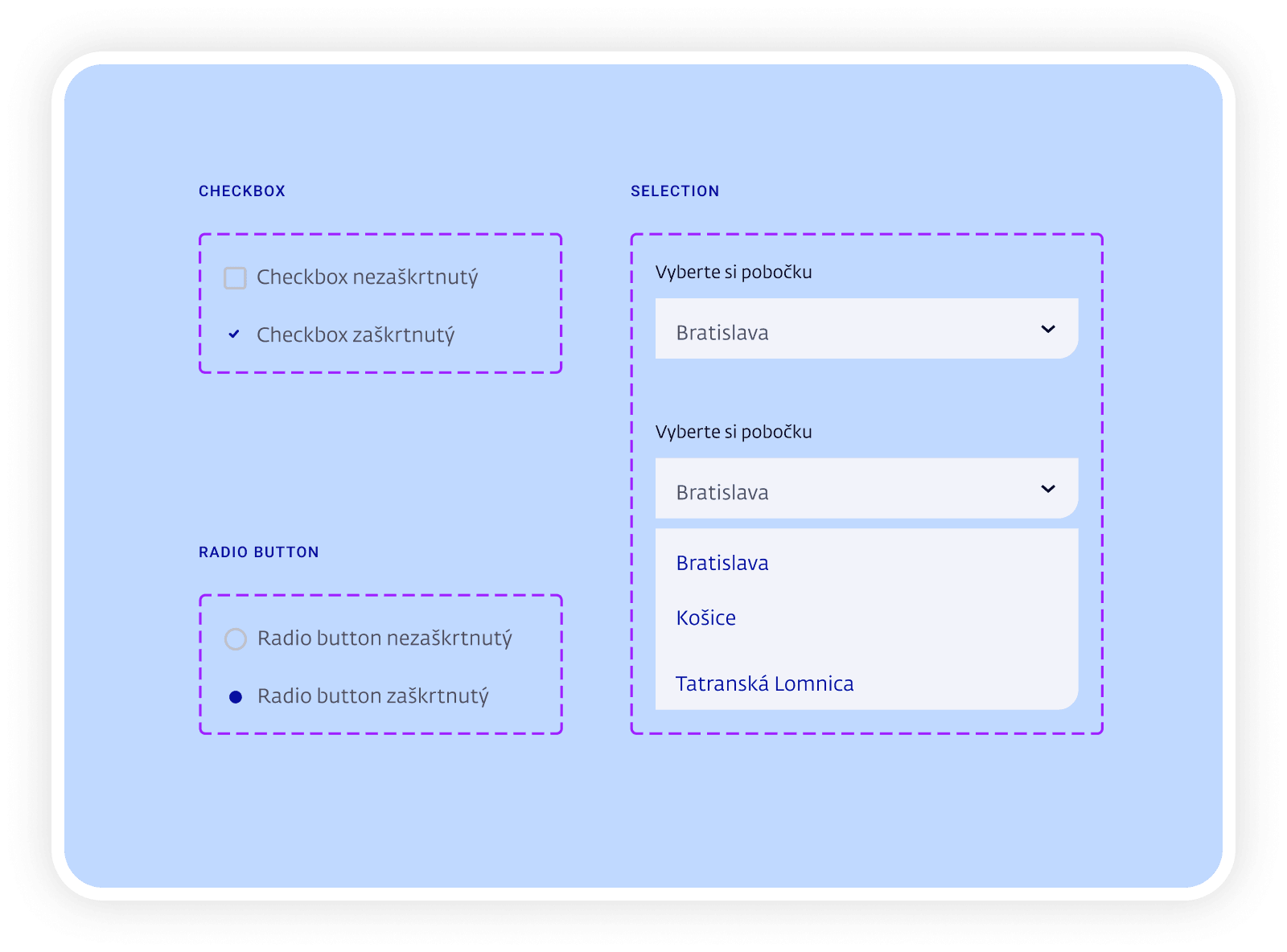 Formulárové prvky webu ÚĽUV: checkbox, radio button a výber pobočky