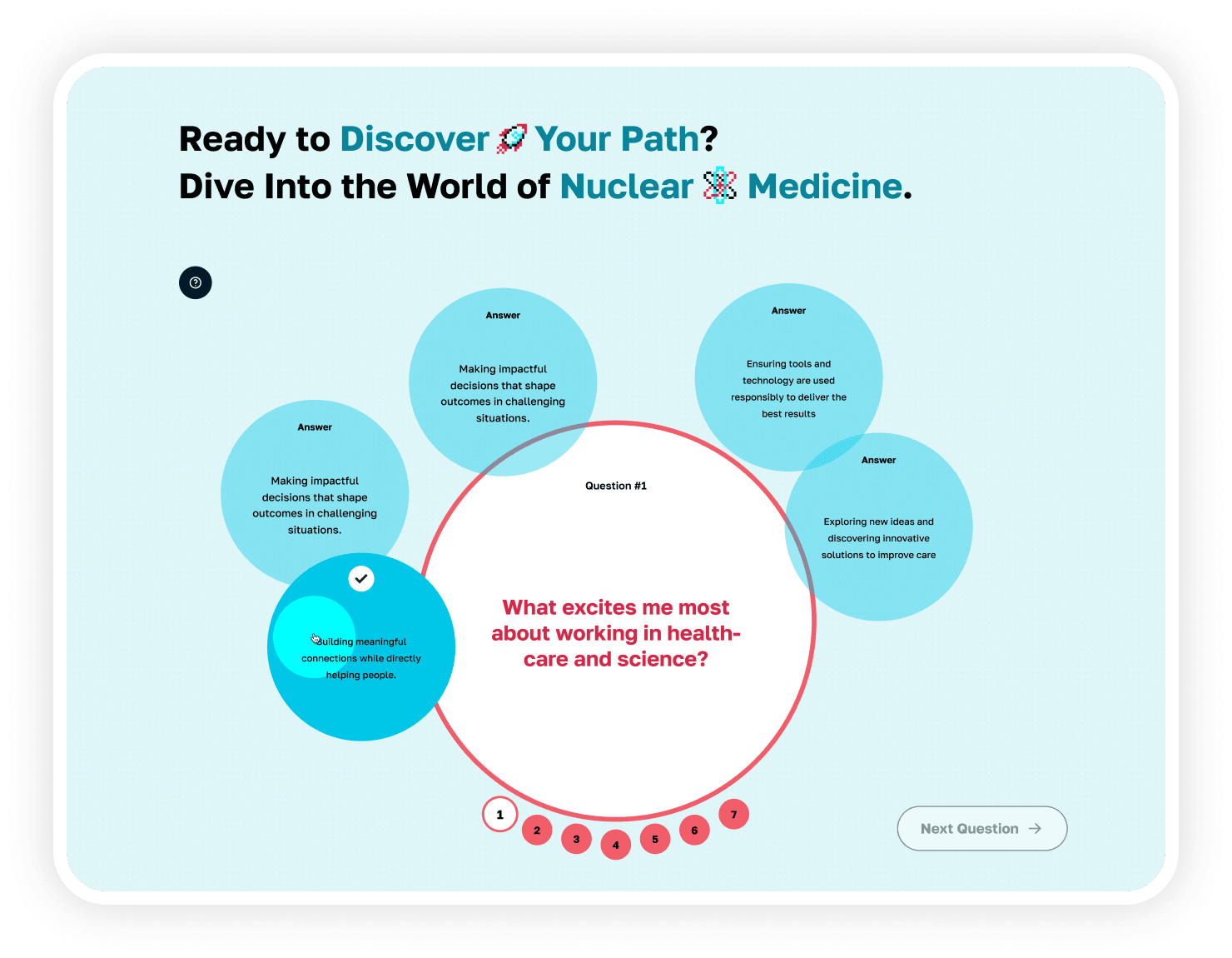 Interactive career-pathway quiz — "Ready to Discover Your Path?" with bubble answer options guiding users through the world of nuclear medicine