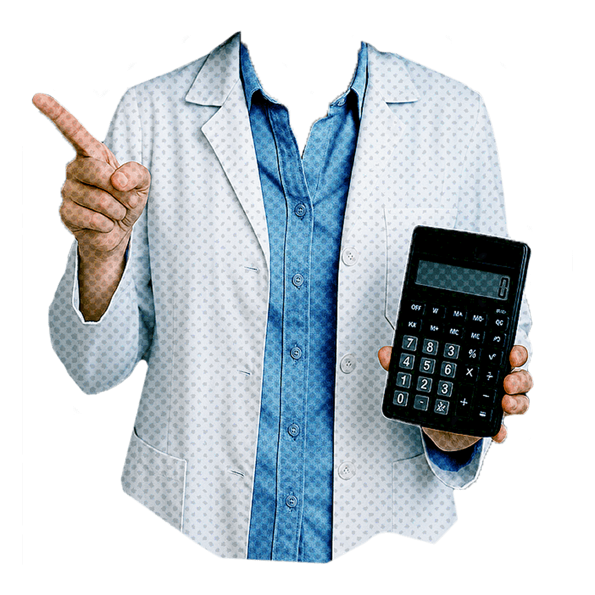 Cut-out photo of a medical professional holding a calculator while pointing upward — symbolising data-driven, analytical roles in nuclear medicine