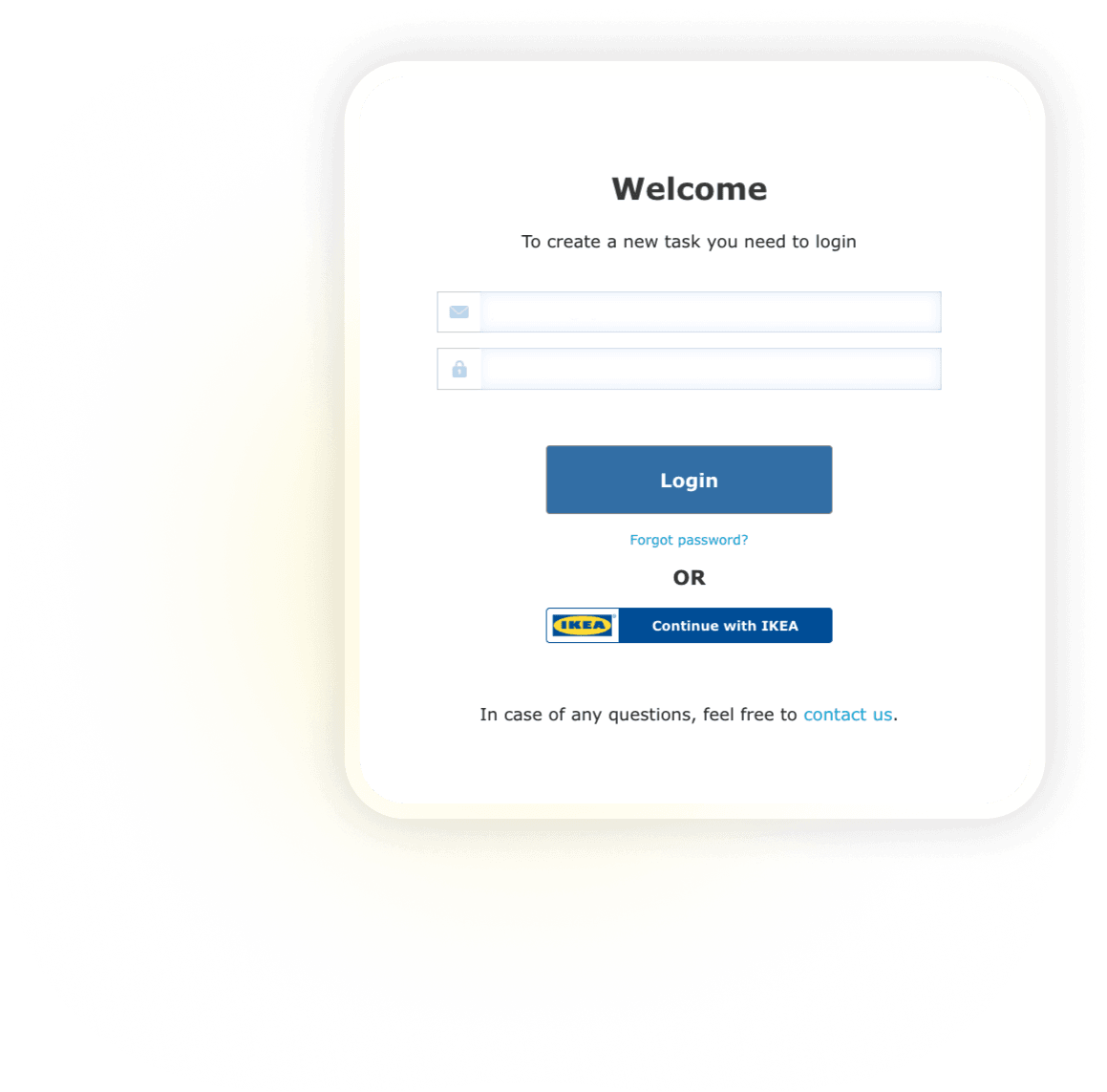 IKEA production tool login screen with email and IKEA single sign-on options