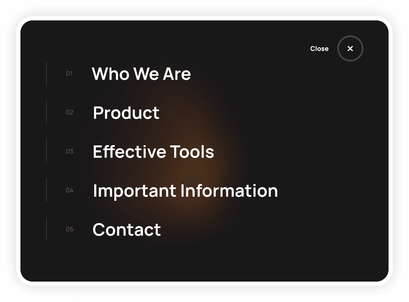 Winners Investments full-screen navigation menu with five numbered sections, from “Who We Are” to “Contact”