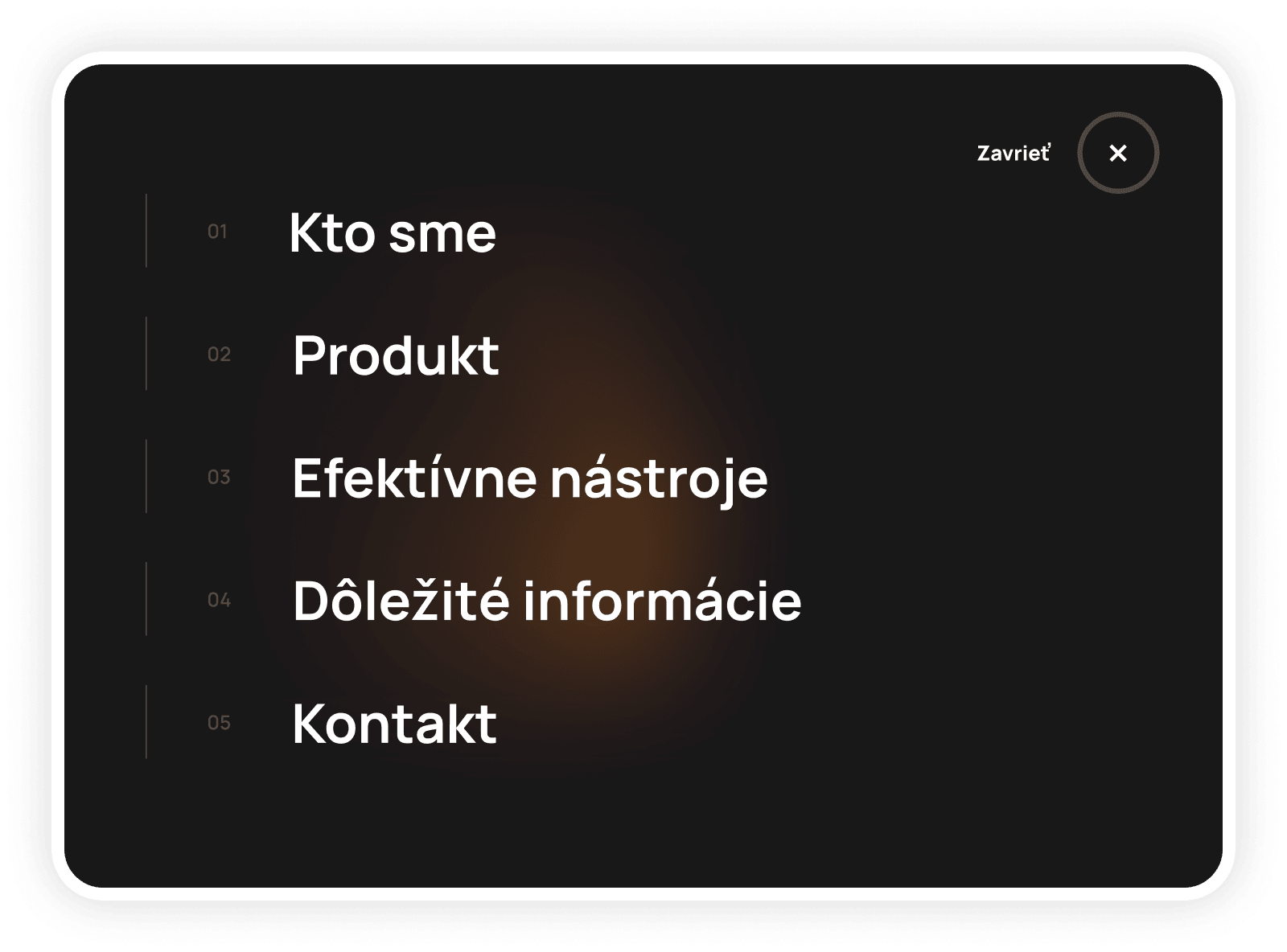Celoobrazovkové menu webu Winners Investments s piatimi očíslovanými sekciami od „Kto sme“ po „Kontakt“