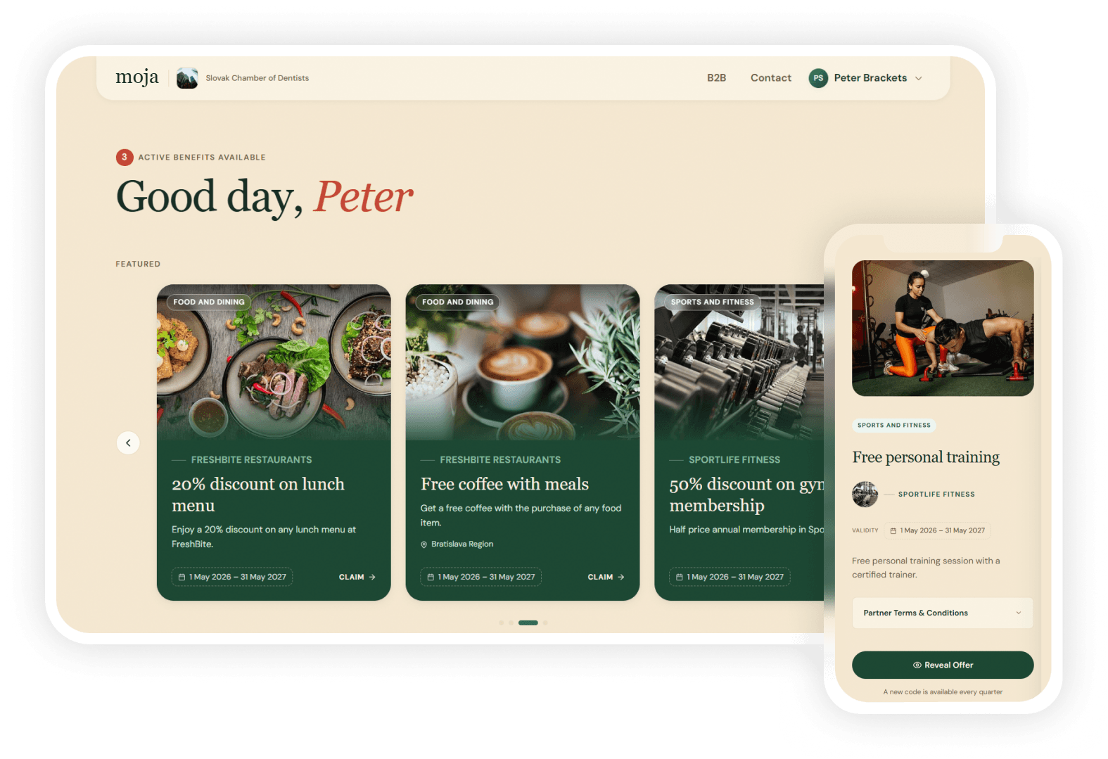 Member rewards portal on desktop and mobile, showing a personalized benefits dashboard with featured food, coffee and fitness offers and a mobile offer-detail view