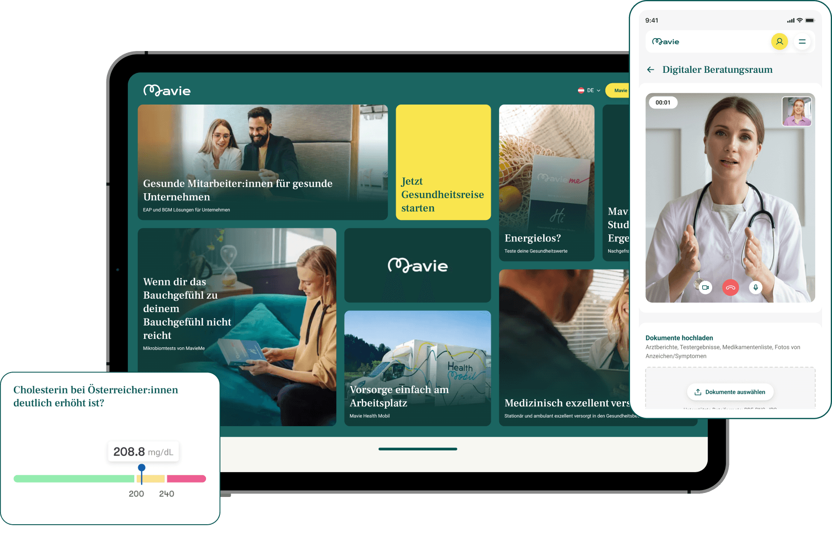 Mavie health platform on laptop and tablet showing telemedicine consultation and health metrics