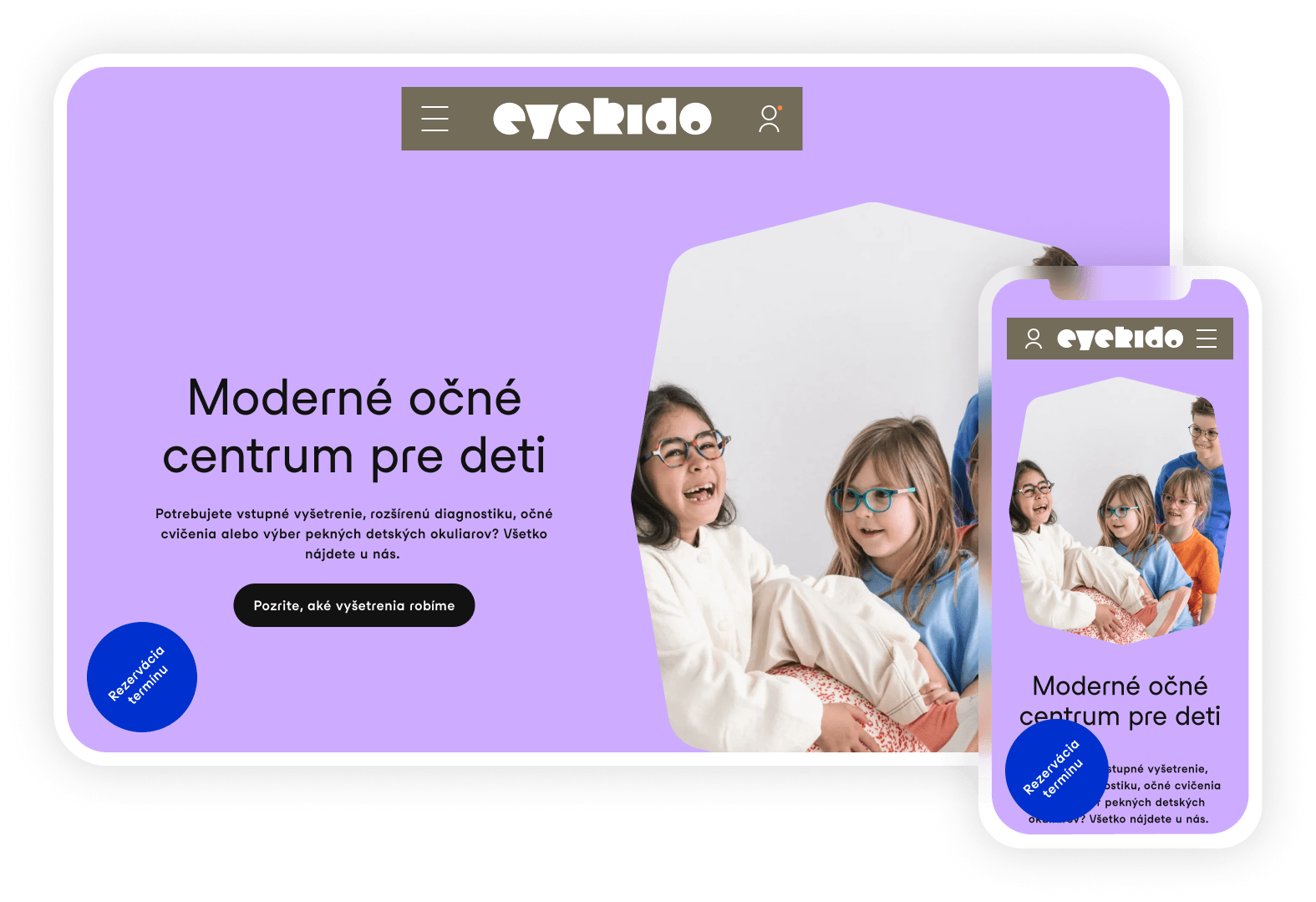 Eyekido homepage shown on desktop and mobile, with smiling children wearing glasses and a "Moderné očné centrum pre deti" headline