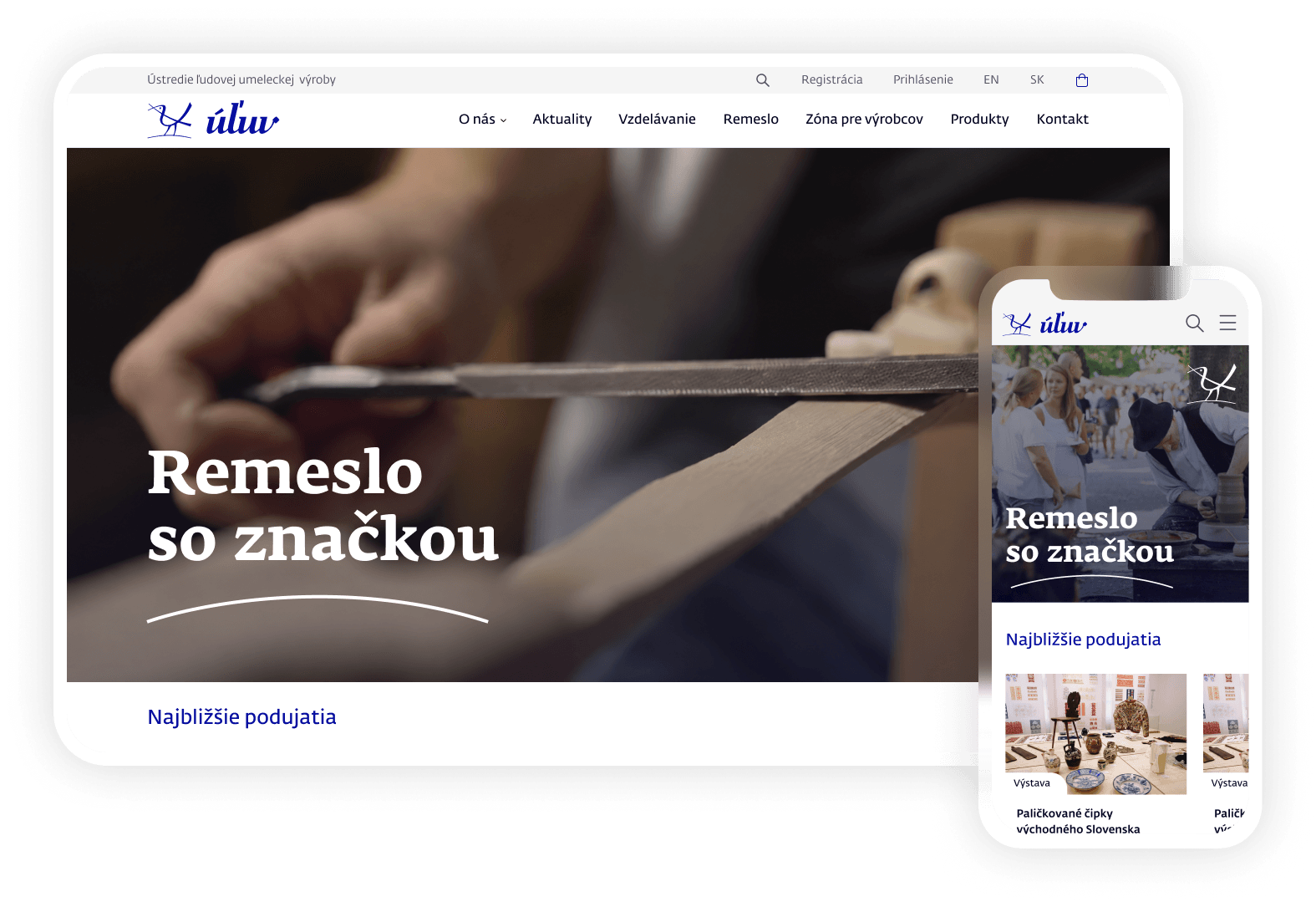 Domovská stránka webu ÚĽUV na desktope a mobile s úvodom „Remeslo so značkou“ a najbližšími podujatiami
