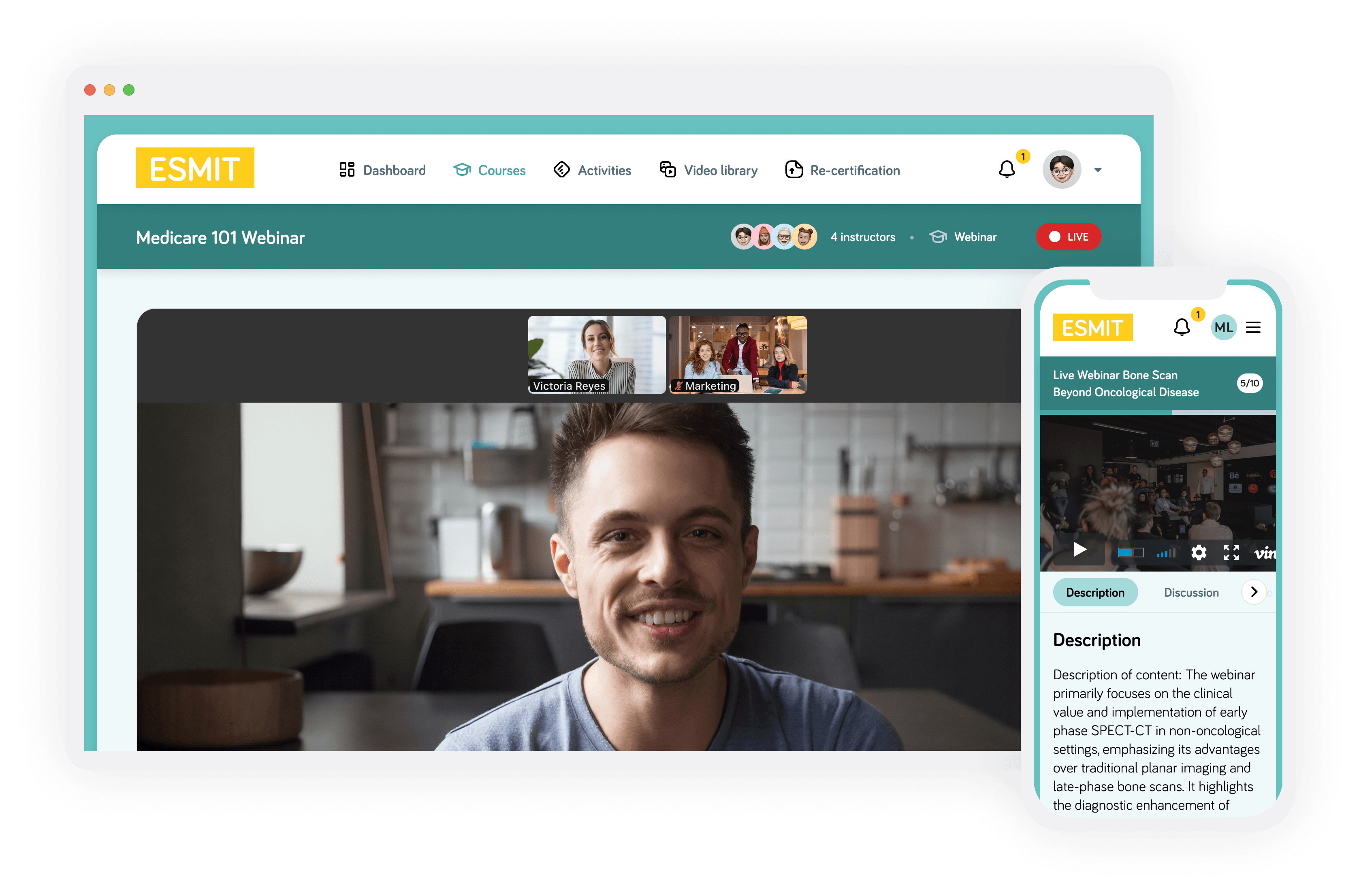 ESMIT learning platform on desktop and mobile showing webinar and course views